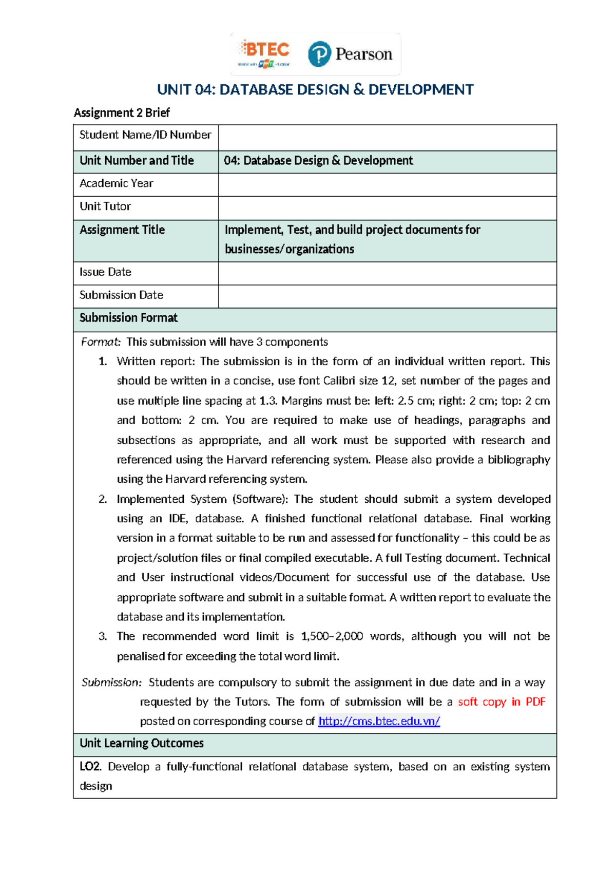 Unit 04: Database Design Development - Assignment 2 Overview - Studocu