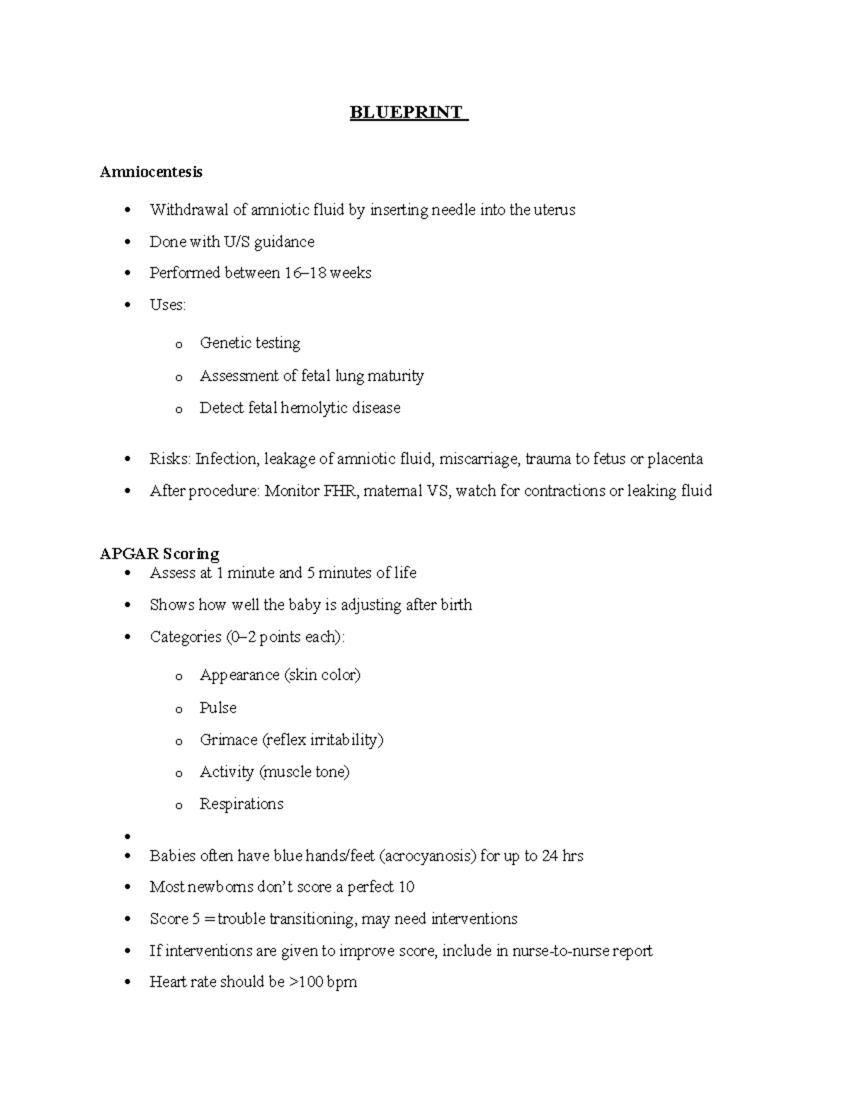 Blueprint Notes - Lecture on Amniocentesis and Fetal Monitoring - Studocu