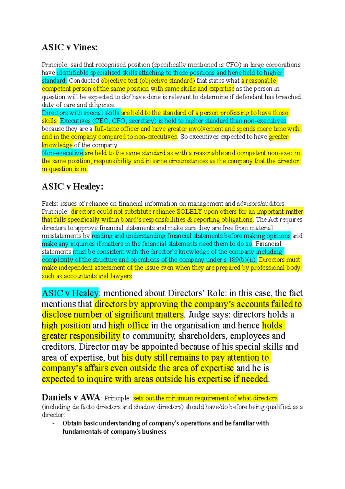 ASIC Law Principles on Directors' Duties: A Study of Cases s180, s181 ...