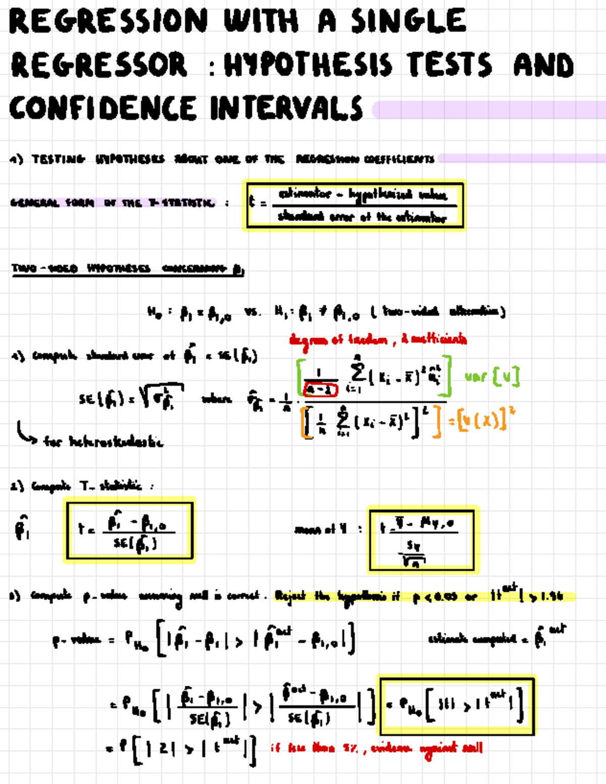 REGRESSION WITH A SINGLE REGRESSOR: HYPOTHESIS TESTS & CI (CH 5) - Studocu