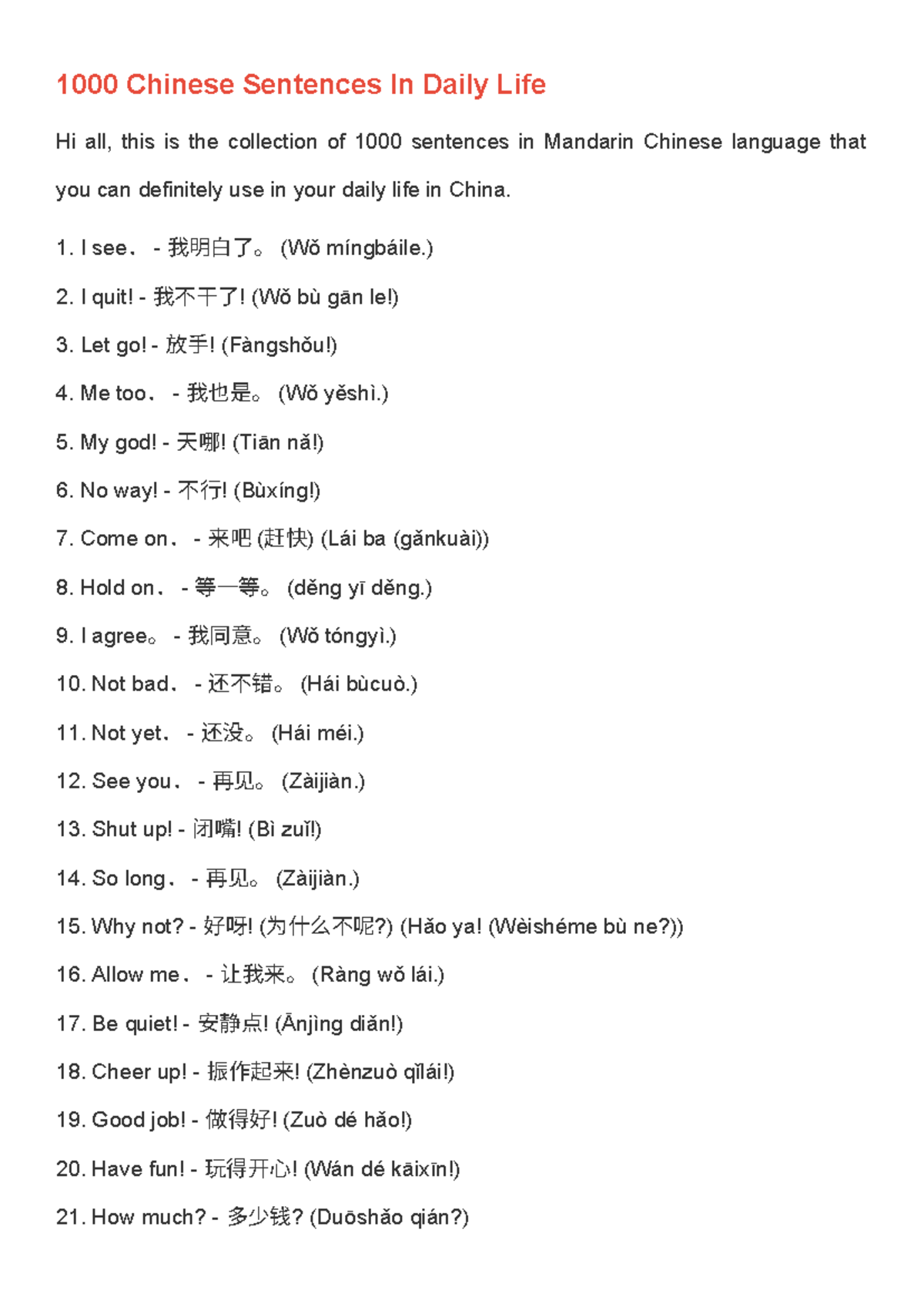 1000 Essential Chinese Sentences for Daily Life - Studocu