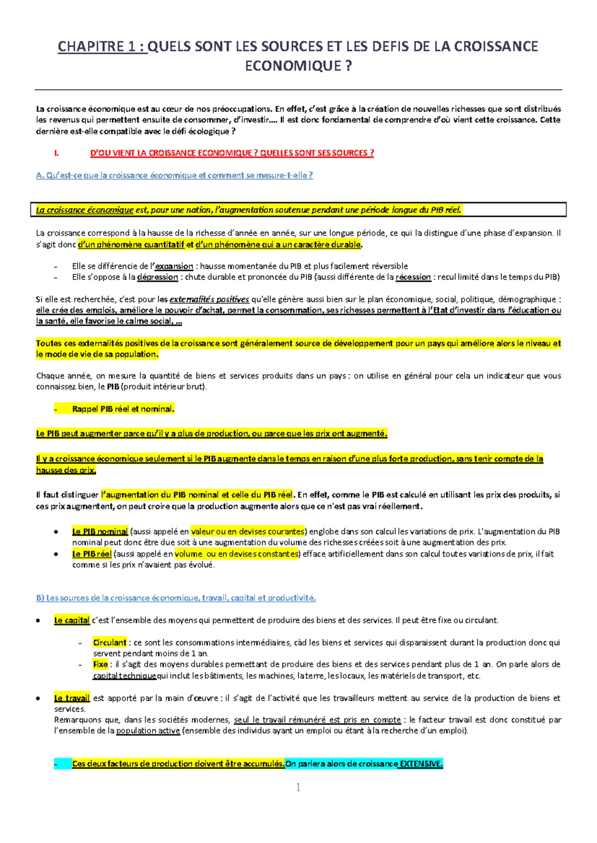 Chapitre 1 - Sources et Défis de la Croissance Économique SES - Studocu
