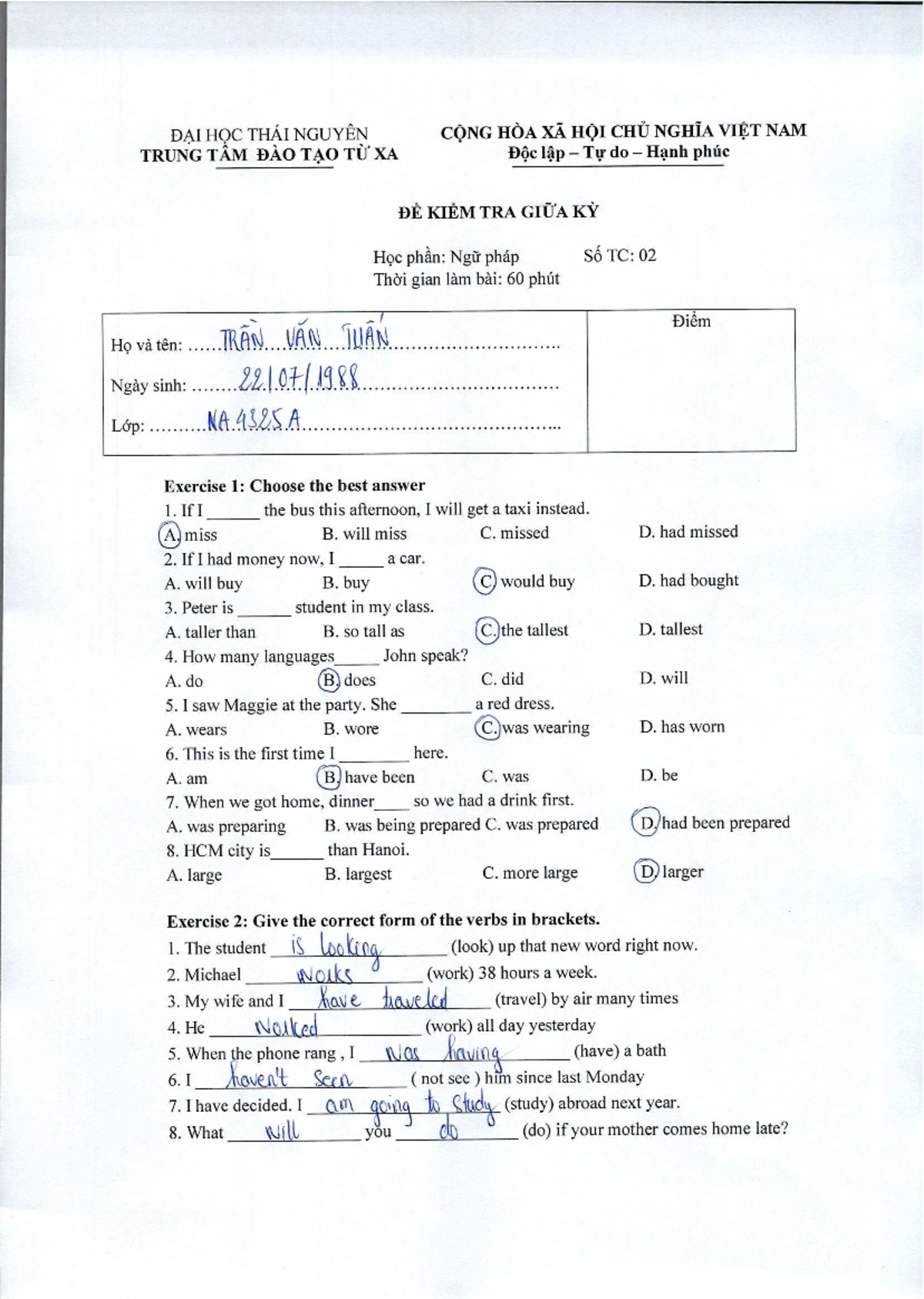 DPAI S6 TC: 02 Midterm Exam Grammar Practice and Exercises - Studocu
