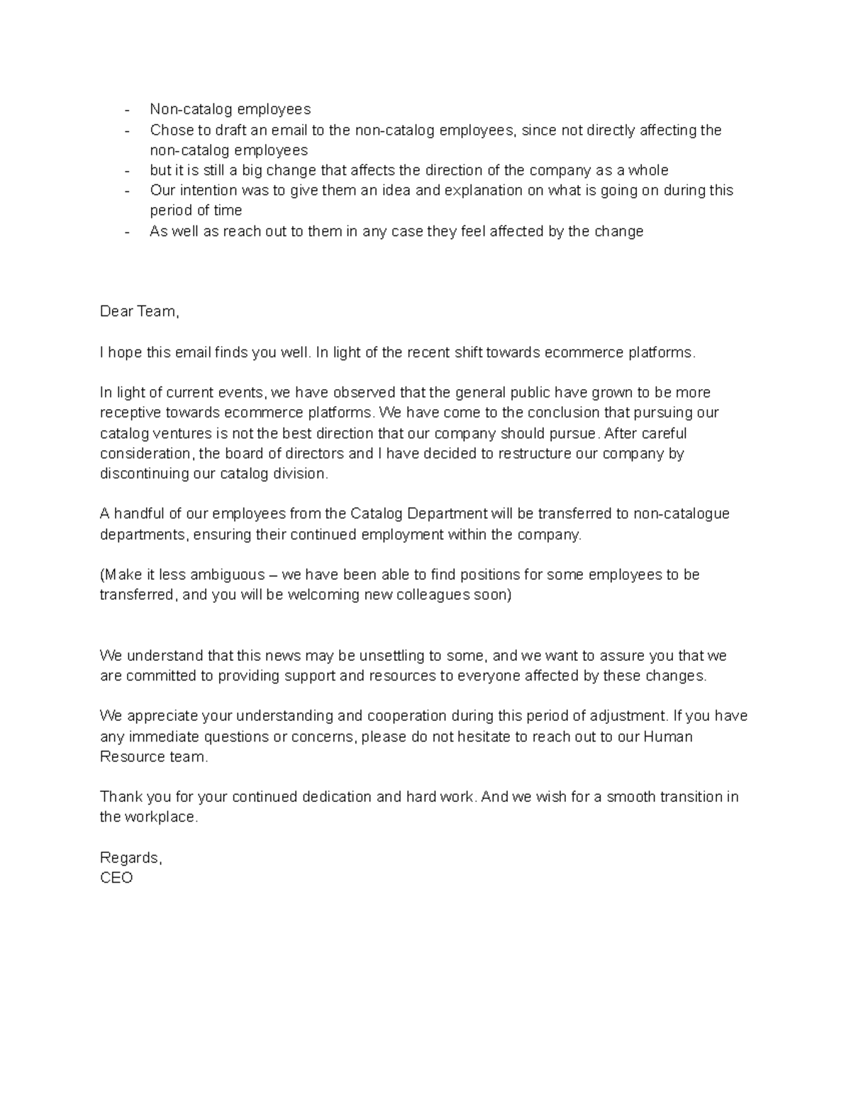 MC-2 - Non-Catalog Employee Restructuring Email Notes - Studocu