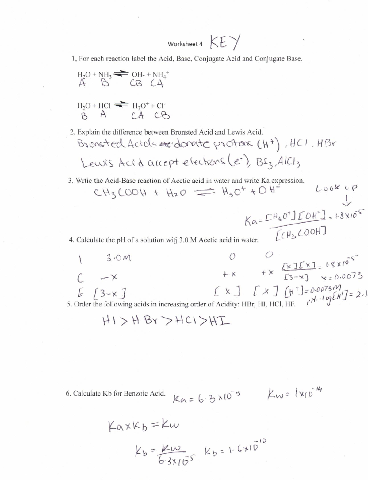 Chem 1C Worksheet on Acids and Bases - Answer Key - Studocu
