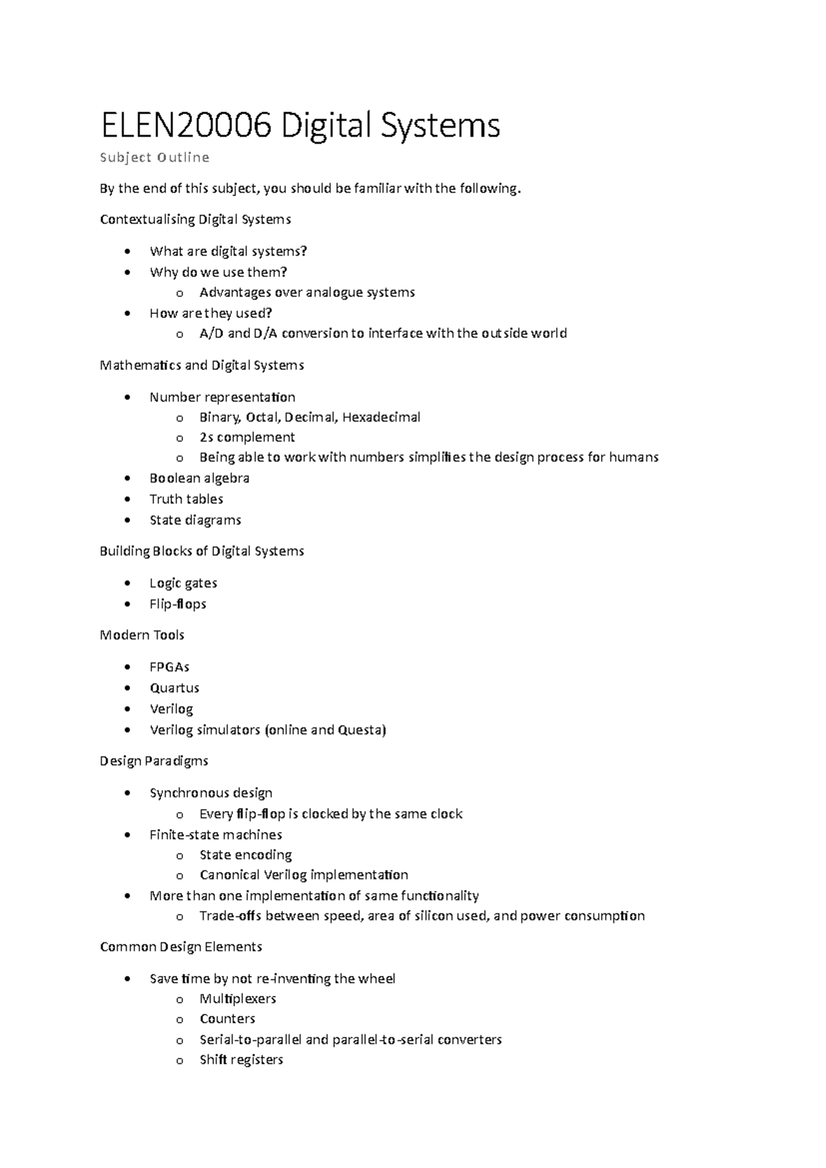 ELEN20006 Subject Outline: Introduction to Digital Systems Concepts ...