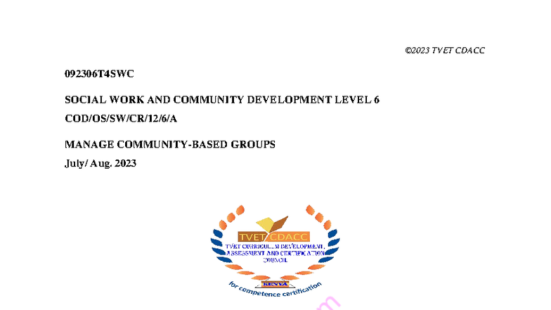 TVET CDACC 092306T4SWC Social Work & Community Dev. Level 6 Exam Aug ...