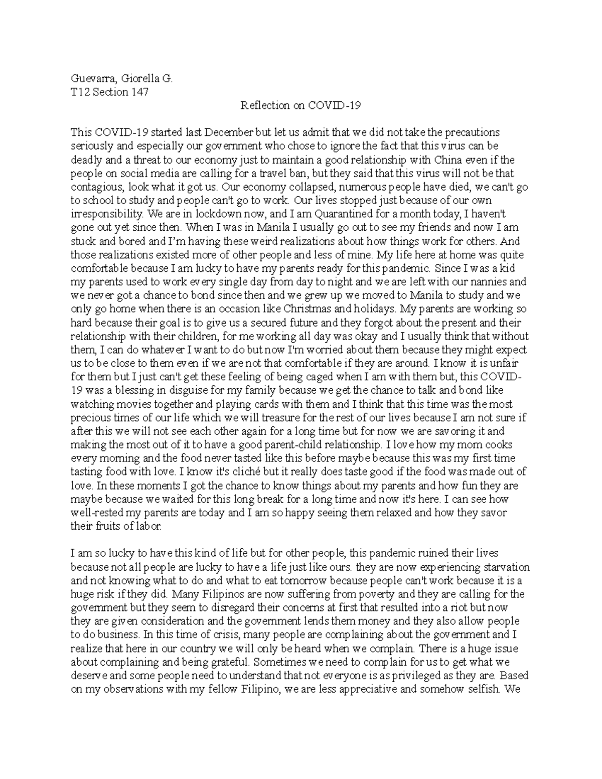 T12 Guevarra, Giorella G - T12 Section 147 Reflection on COVID- This ...