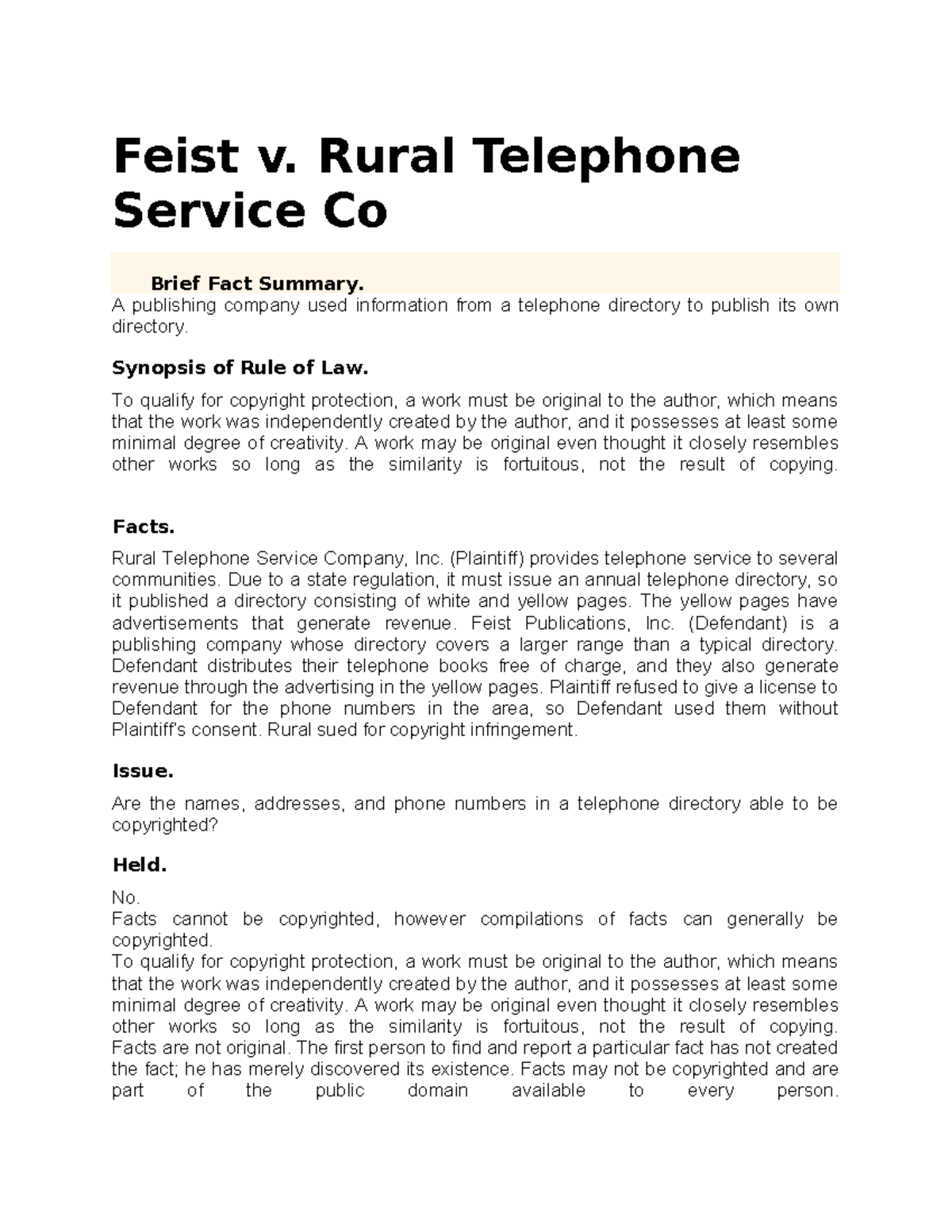 Feist v. Rural Telephone Case Study: Copyright and Facts Analysis - Studocu