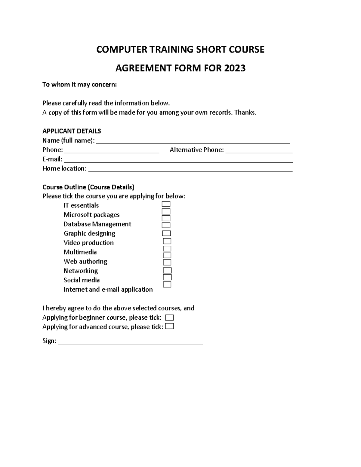 Computer Training Short Course Agreement Form for 2023 - Studocu