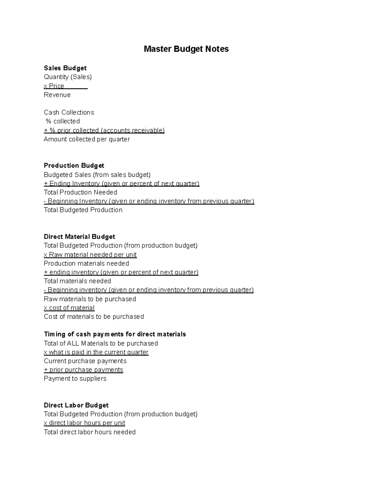 Master Budget Notes: Comprehensive Overview of Sales & Production - Studocu