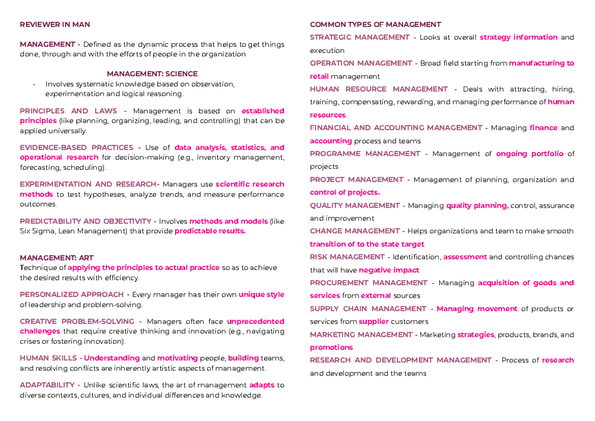 MANAGEMENT REVIEWER: Key Concepts and Strategies in MAN 101 - Studocu