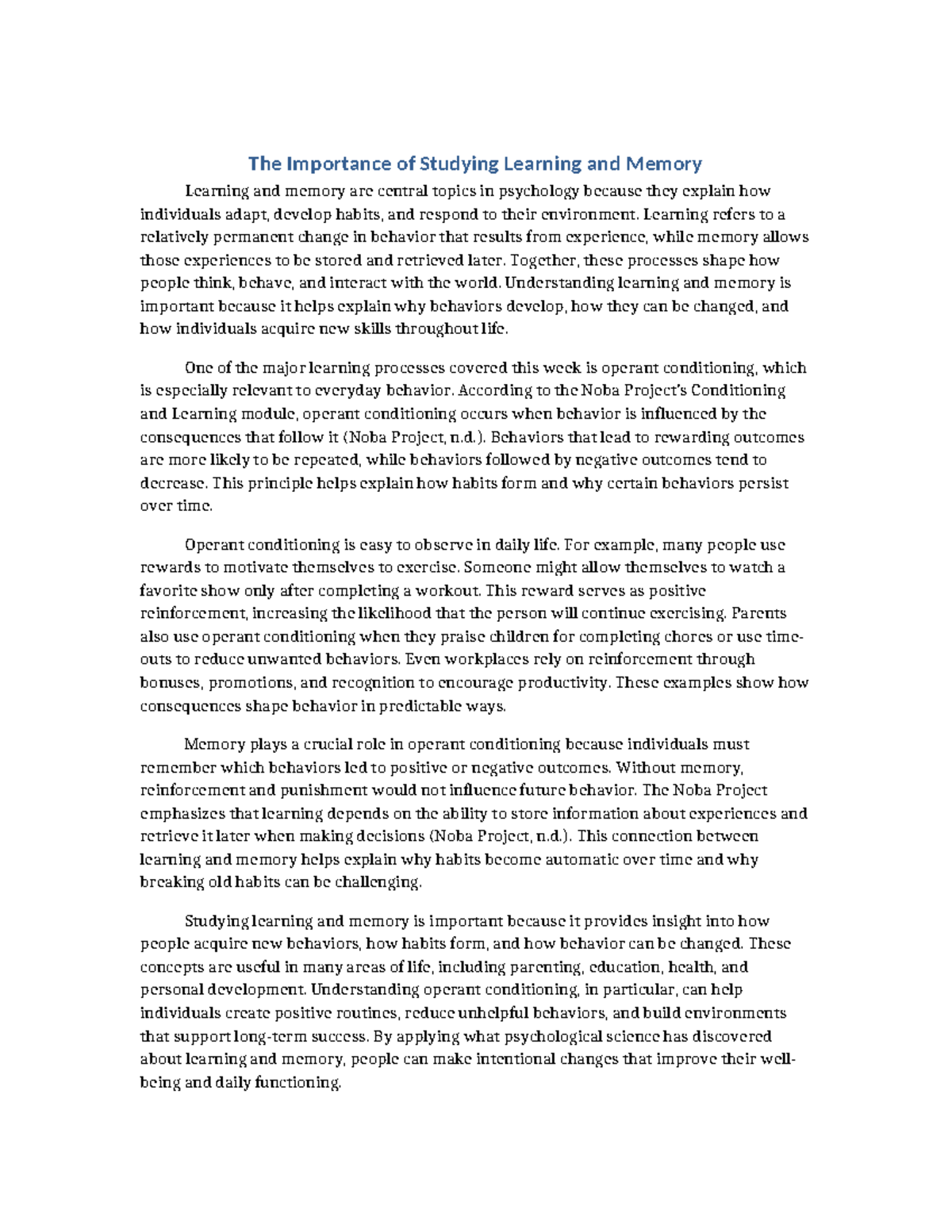 The Importance of Learning & Memory in Psychology Wk 4 - Studocu