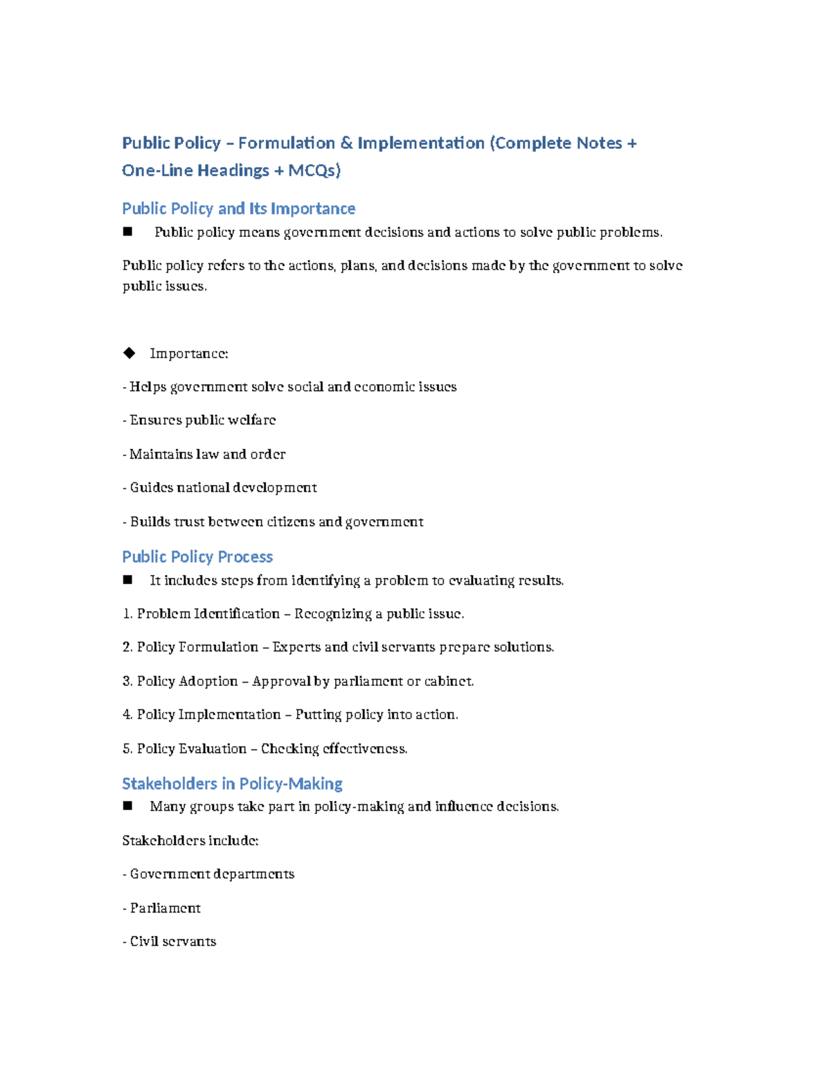 Public Policy (POL101) Formulation & Implementation Notes with MCQs ...
