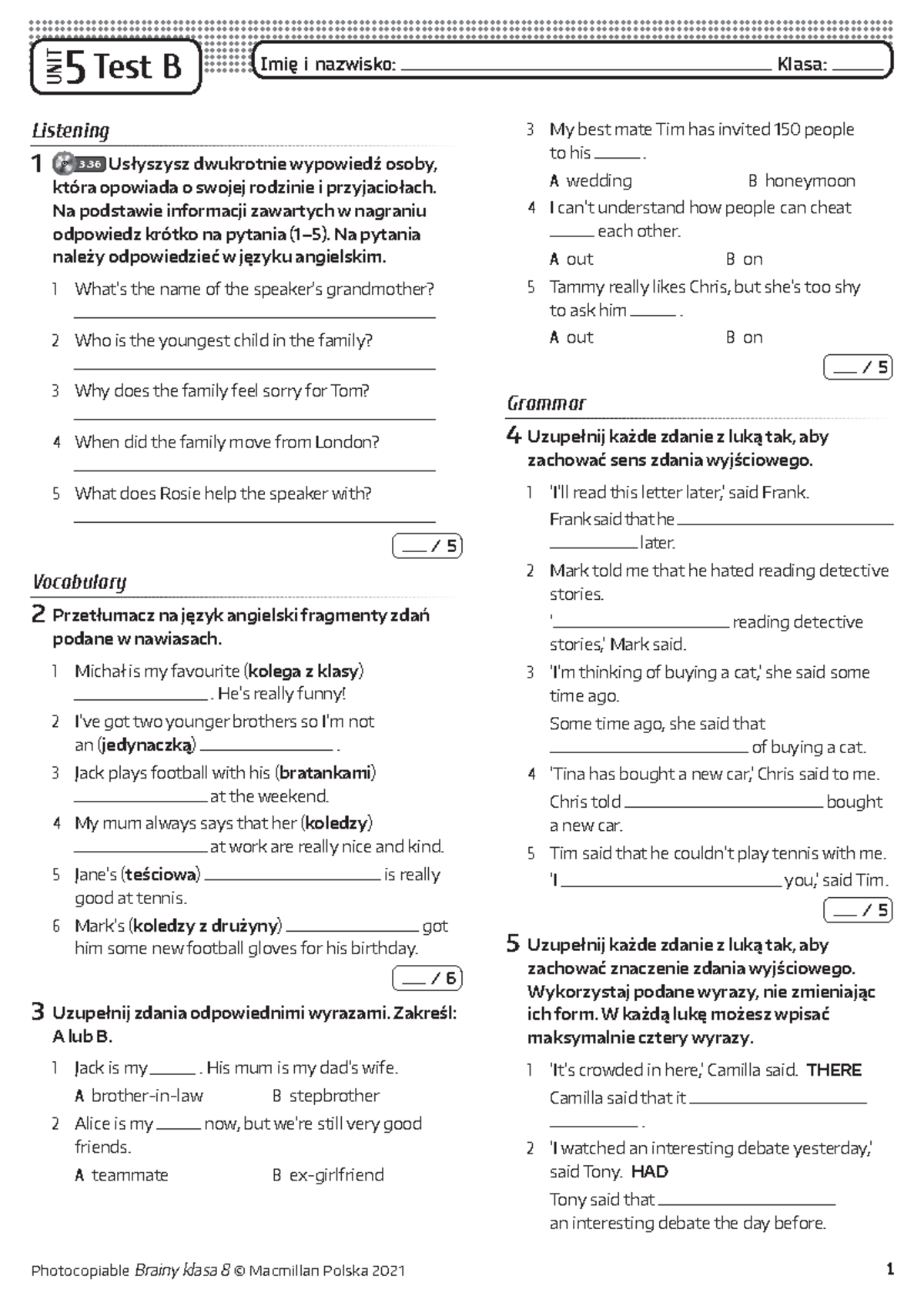 Brainy KL8 Unit Test 5B - Listening, Vocabulary & Grammar - Studocu