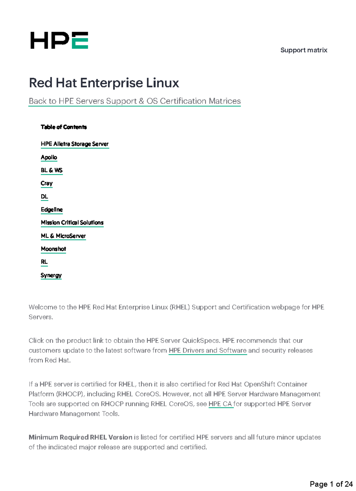 Red Hat Enterprise Linux (RHEL) Support Matrix for HPE Servers - Studocu