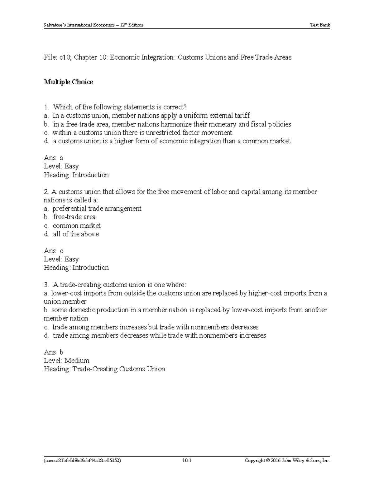 Ch10 MCQ - Economic Integration: Customs Unions & Free Trade Areas ...