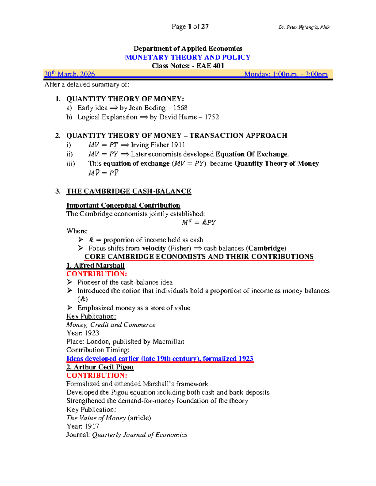 Class Notes: EAE 401 Monetary Theory and Policy Insights - Studocu