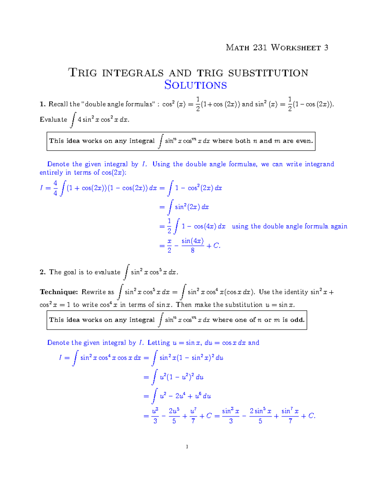 MATH231 WS3 Solutions: Evaluating Trig Integrals and Substitutions ...