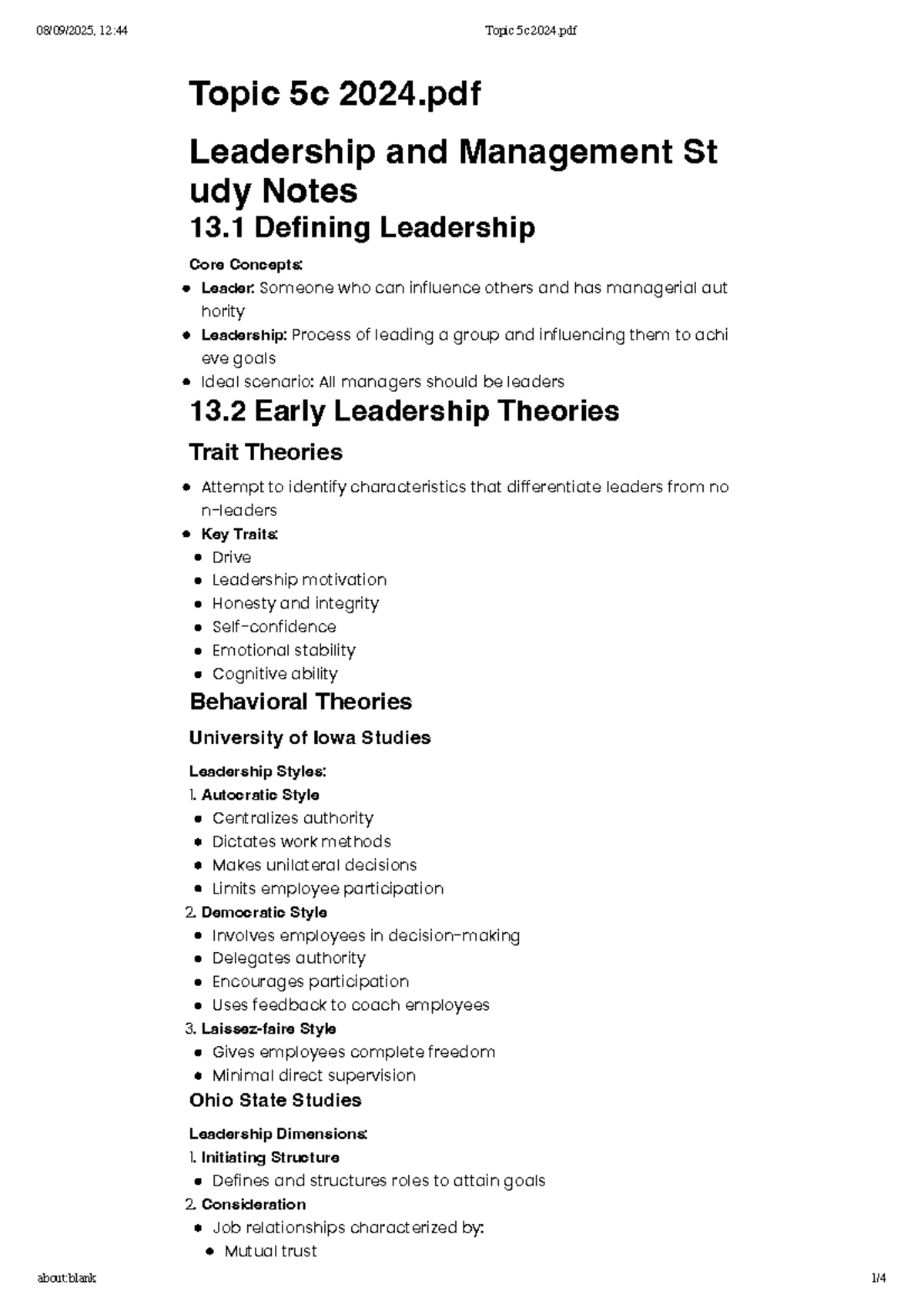 Week 5 Leadership & Management Notes - BUSS 2068 - Studocu