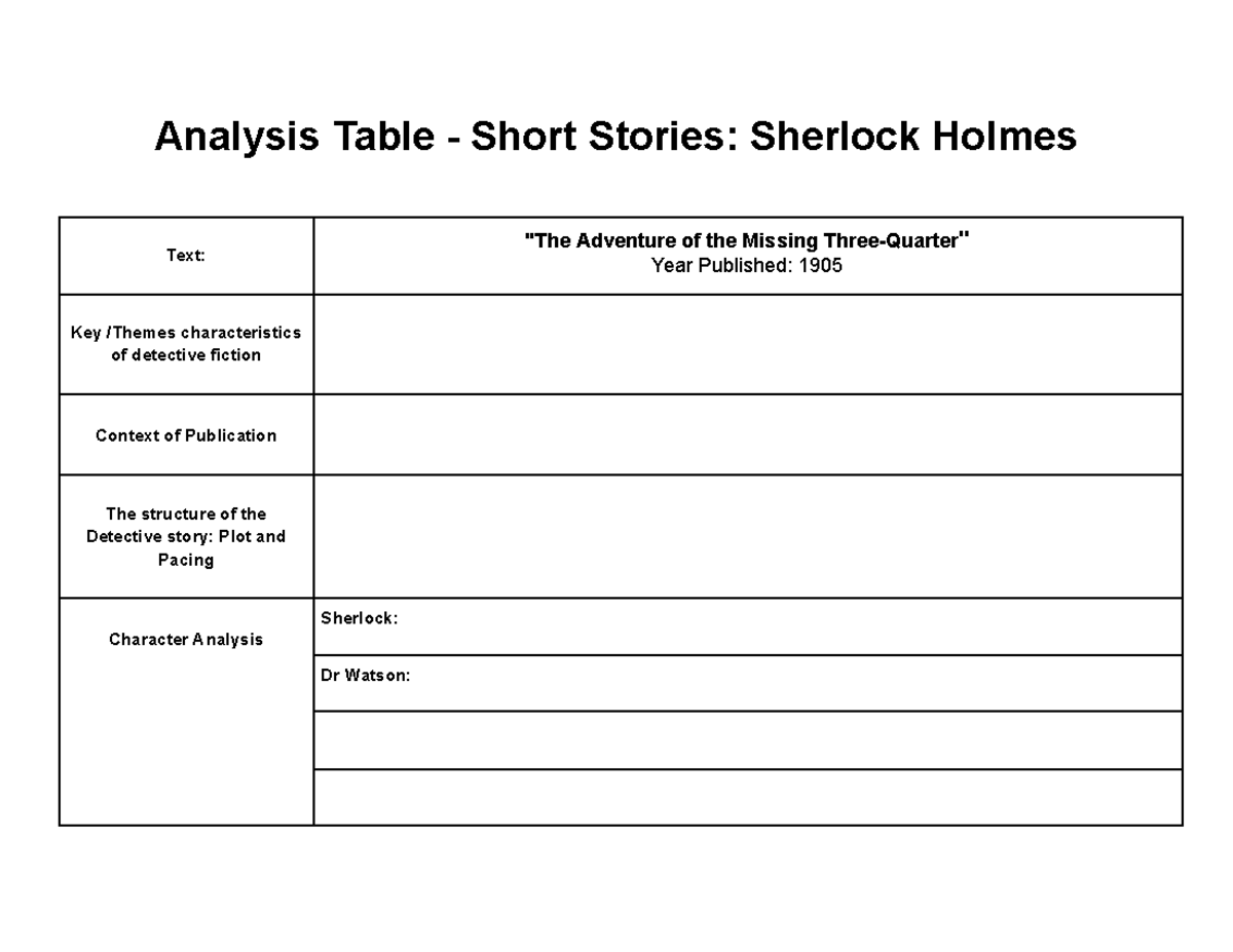 Analysis Table: Sherlock Holmes Short Stories (ENG 101) - Studocu