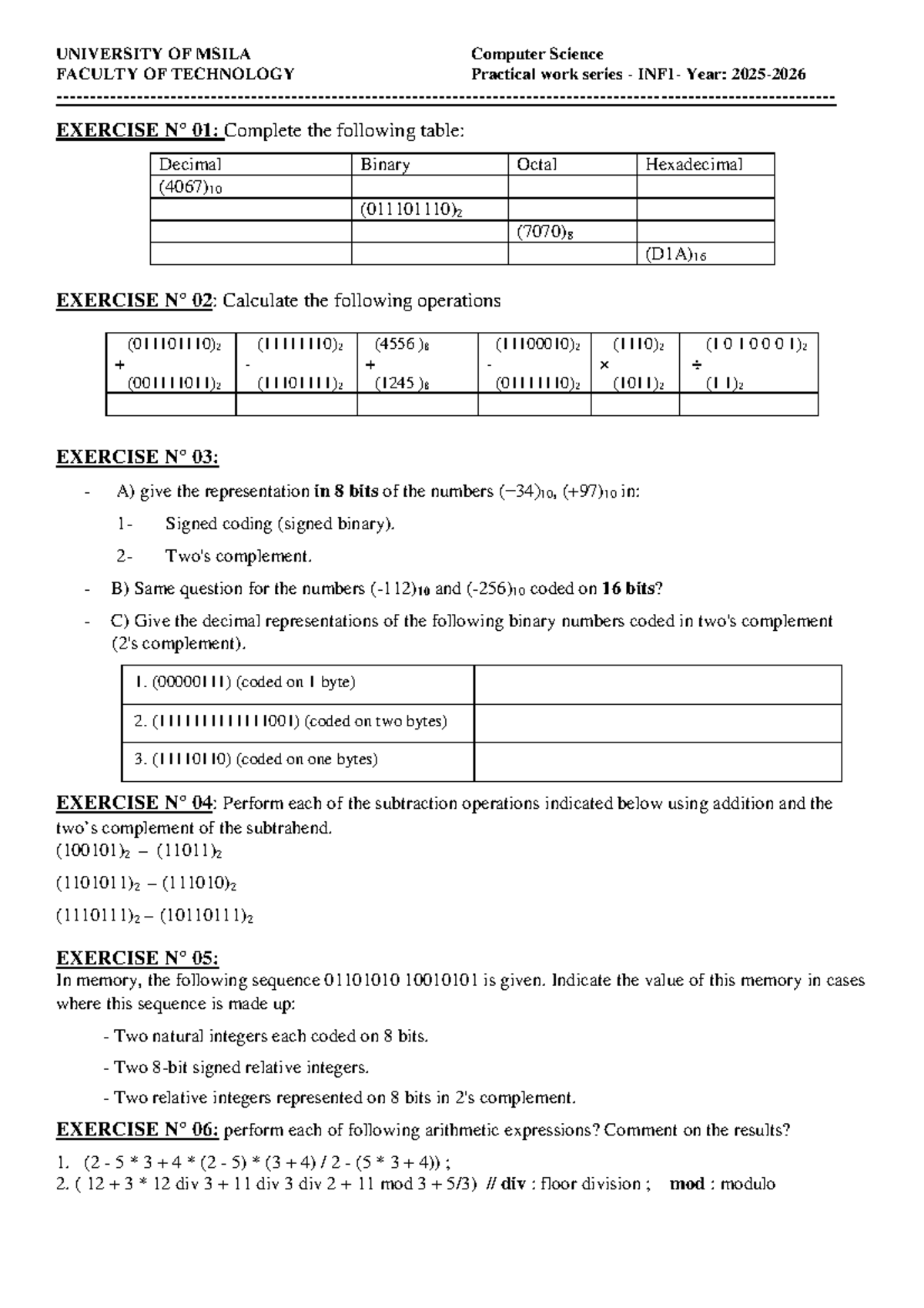 Series Practical Work INF01: Computer Science Exercises 24-25 - Studocu