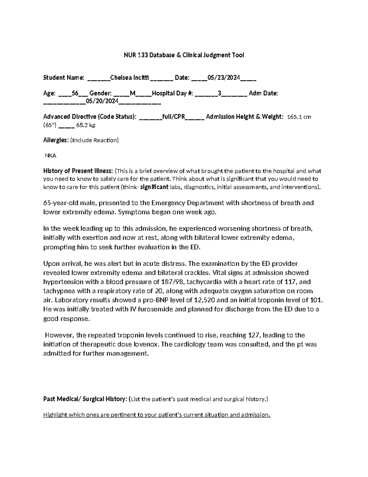 NUR 133 Clinical Judgment Tool: Patient Case Study & Assessment Form ...