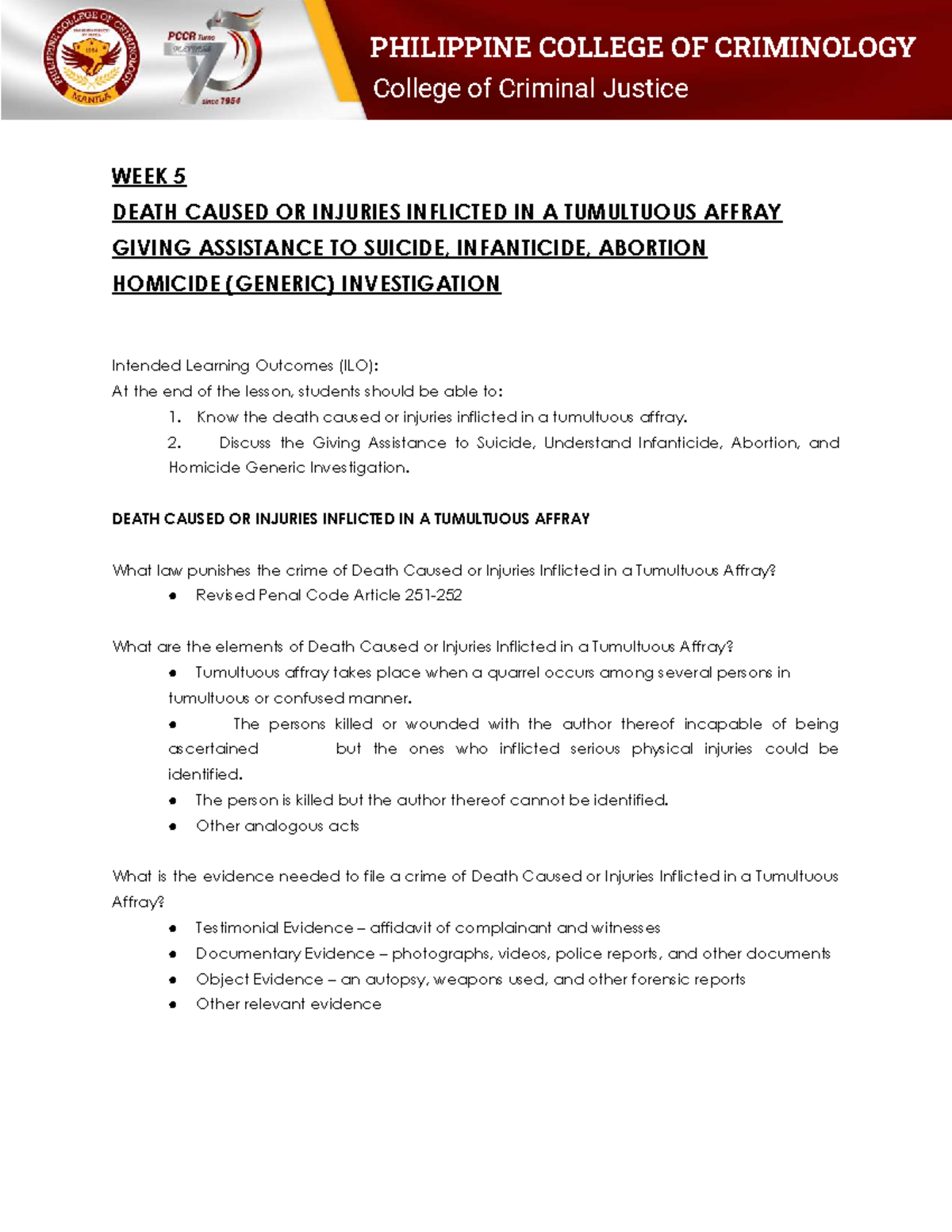 WEEK 5 - Death Caused or Injuries in Tumultuous Affray & Related Crimes ...