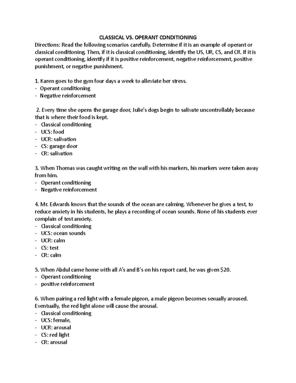 Classical vs Operant Conditioning Worksheet 1 CLASSICAL VS OPERANT Classical vs Operant Conditioning Worksheet 1 CLASSICAL VS OPERANT