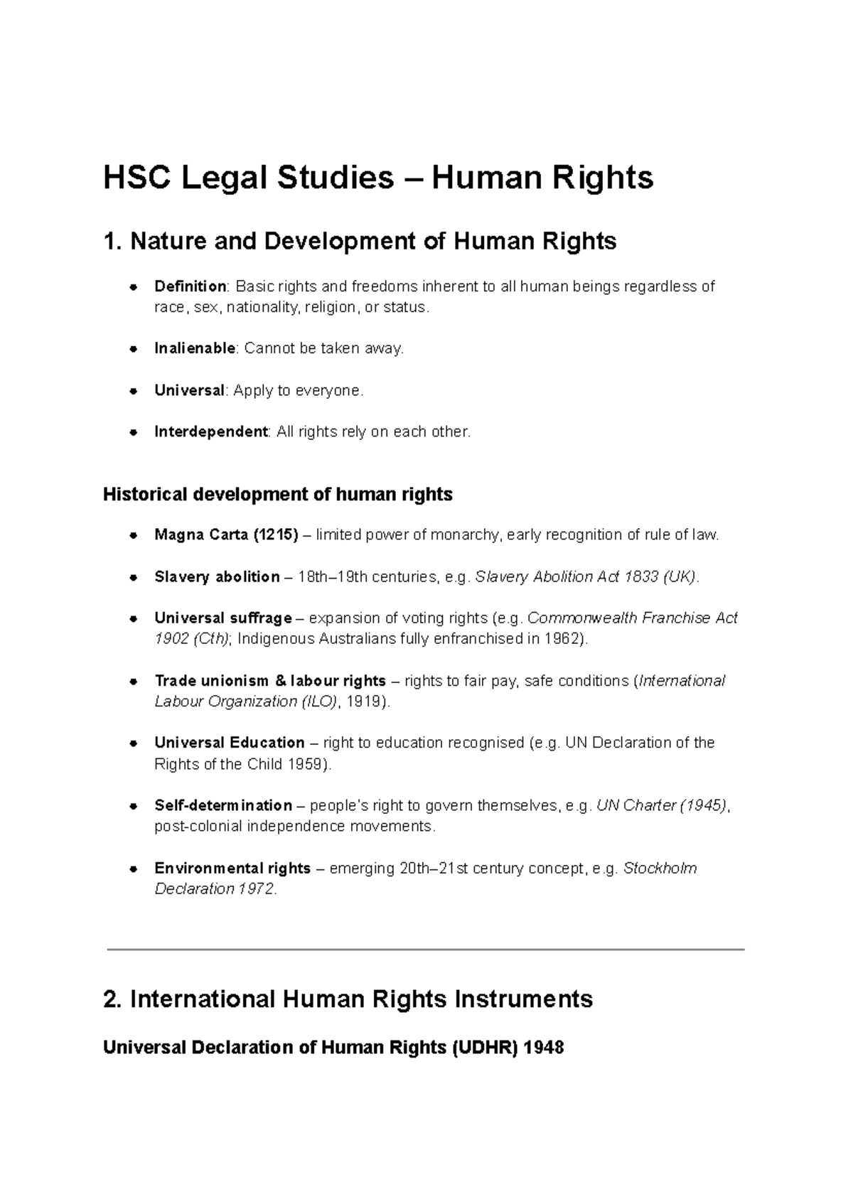 HSC Legal Studies Human Rights: Nature, Development & Instruments - Studocu