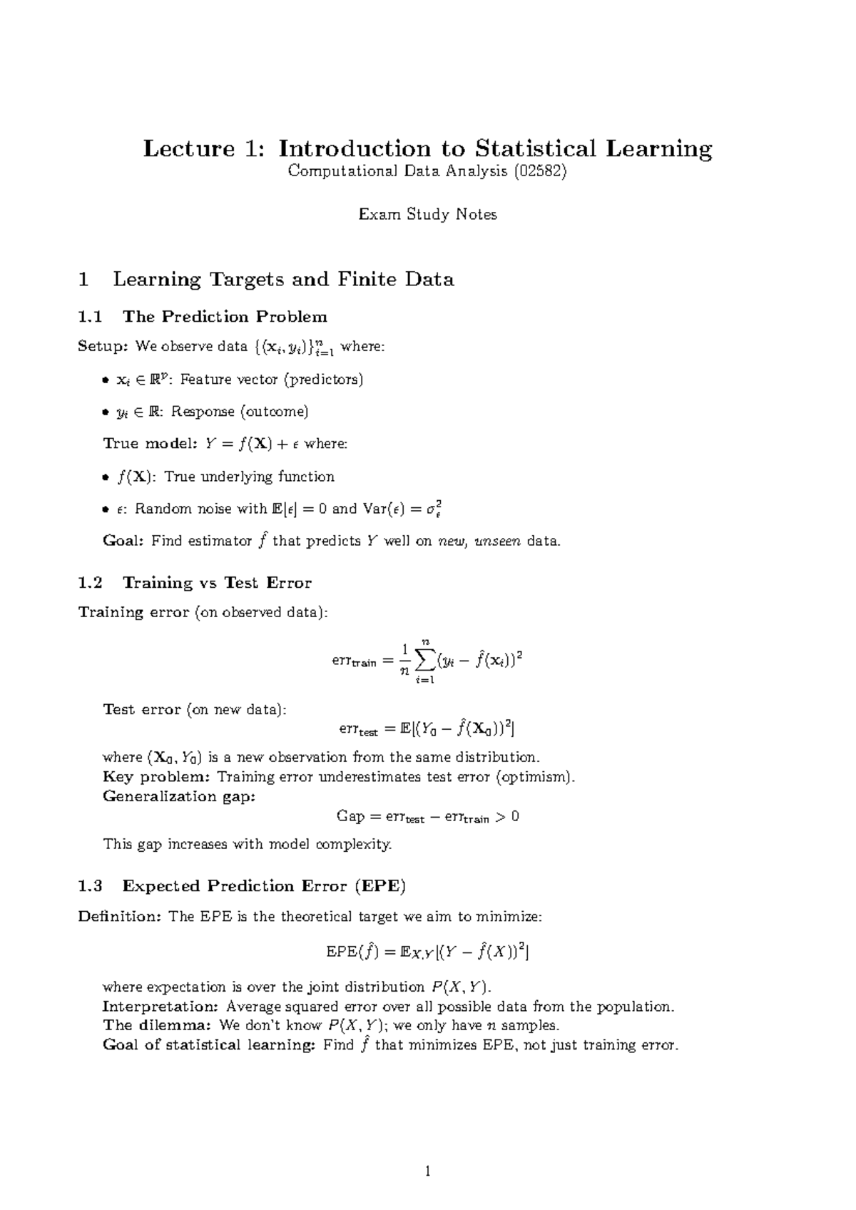 Lecture 1 & 2: Statistical Learning & Model Selection Notes (02582 ...