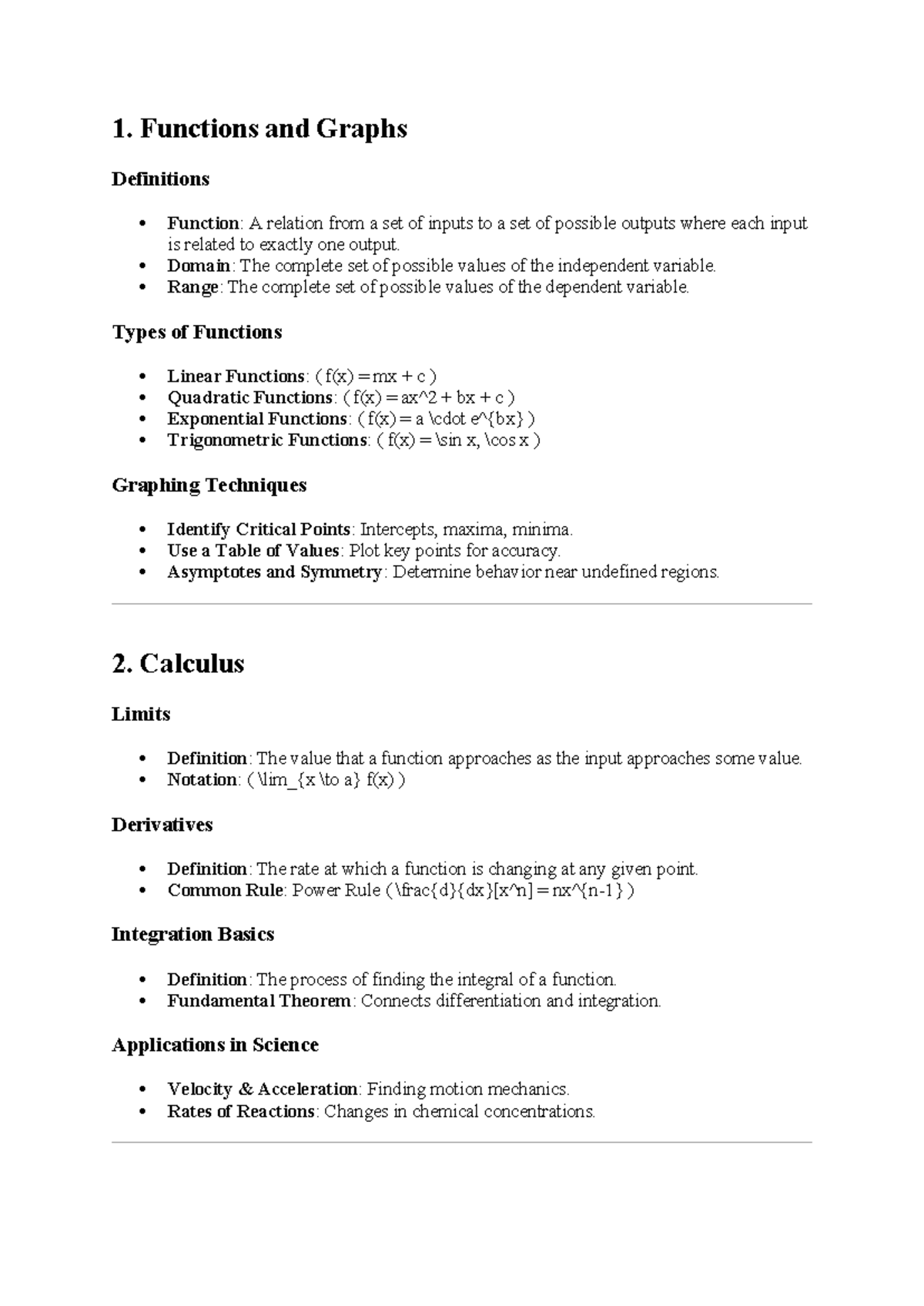 Math120summary - general oerview - 1. Functions and Graphs Definitions ...