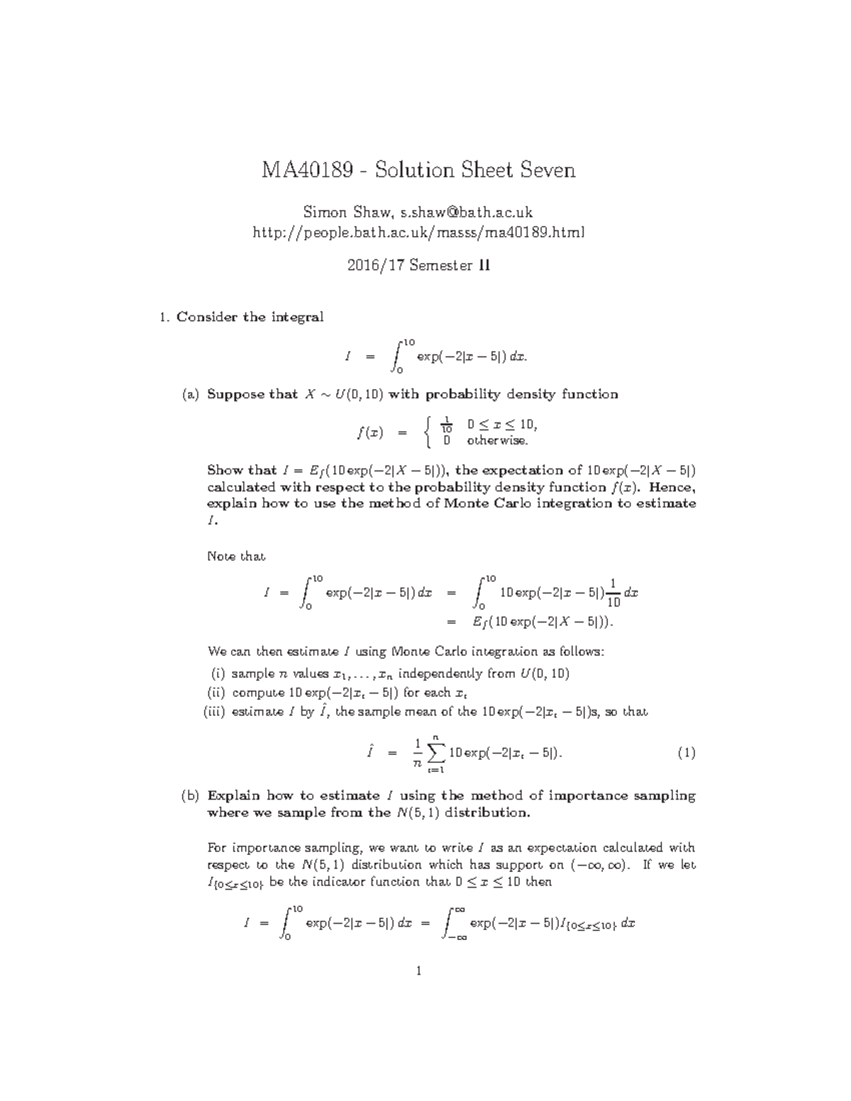 MA40189 2016-2017 Problem Sheet 7 - Solutions - MA40189 - Solution ...