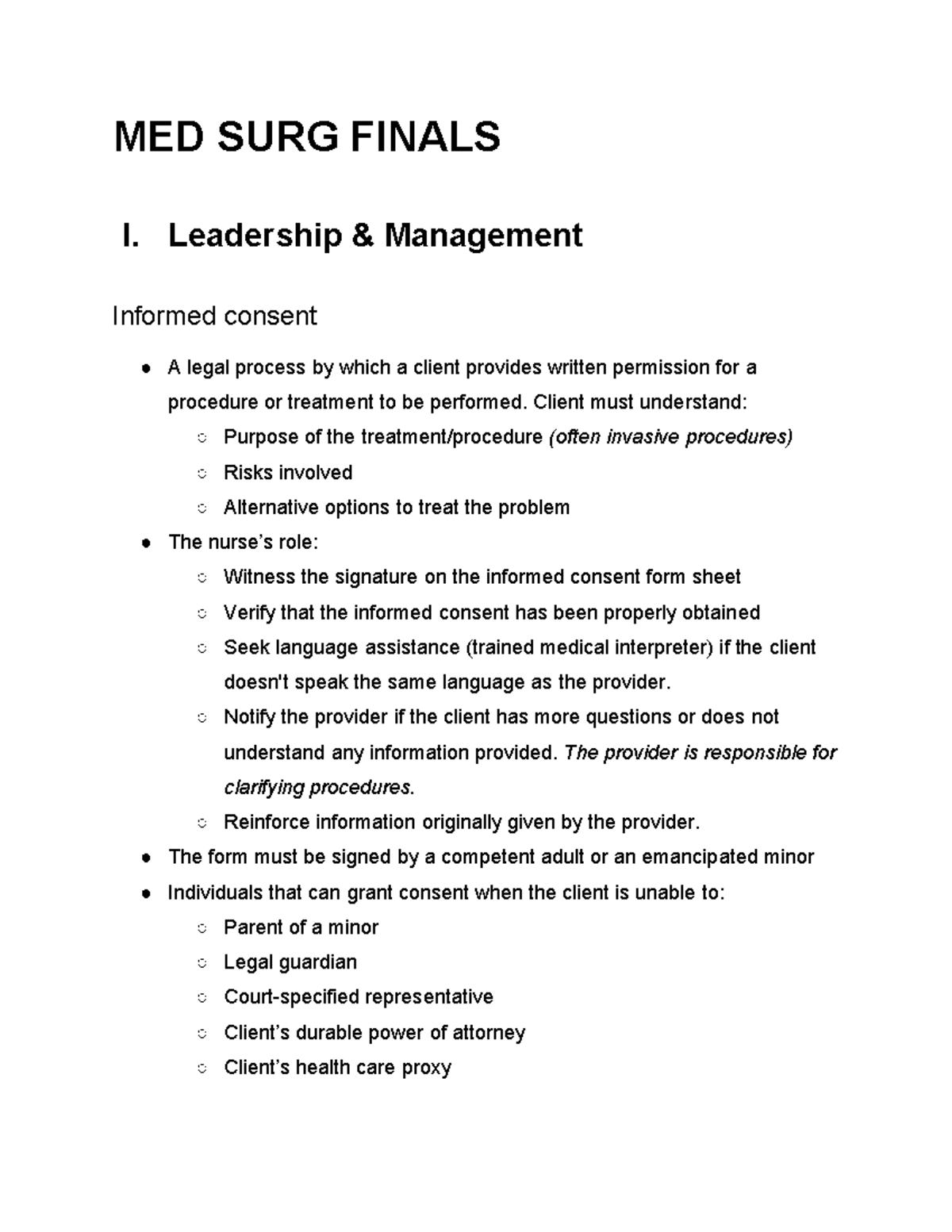 MED SURG 101: Final Exam Notes on Leadership & Informed Consent - Studocu