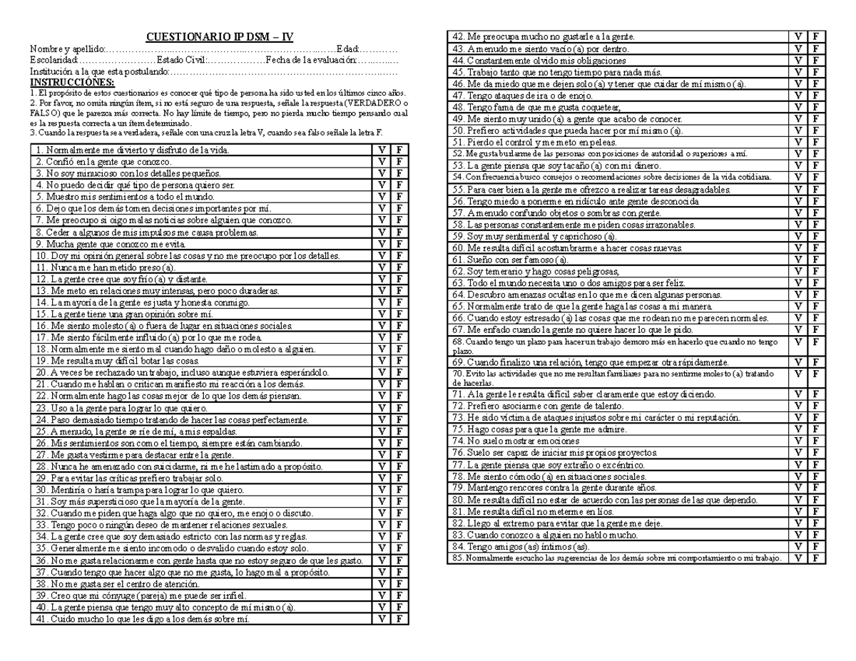 Cuestionario IP DSM IV: Evaluación de Personalidad y Trastornos - Document Preview
