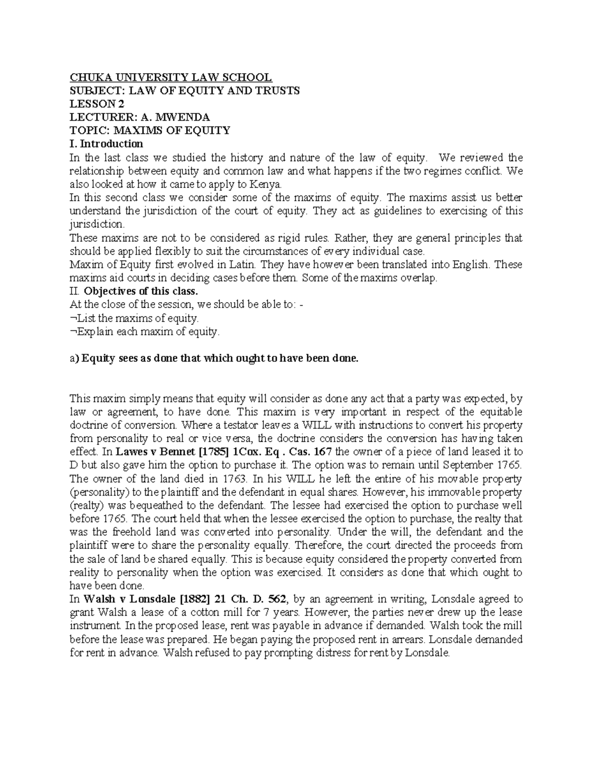 Lesson 2.3 - Maxims of Equity in Law of Equity and Trusts - Studocu