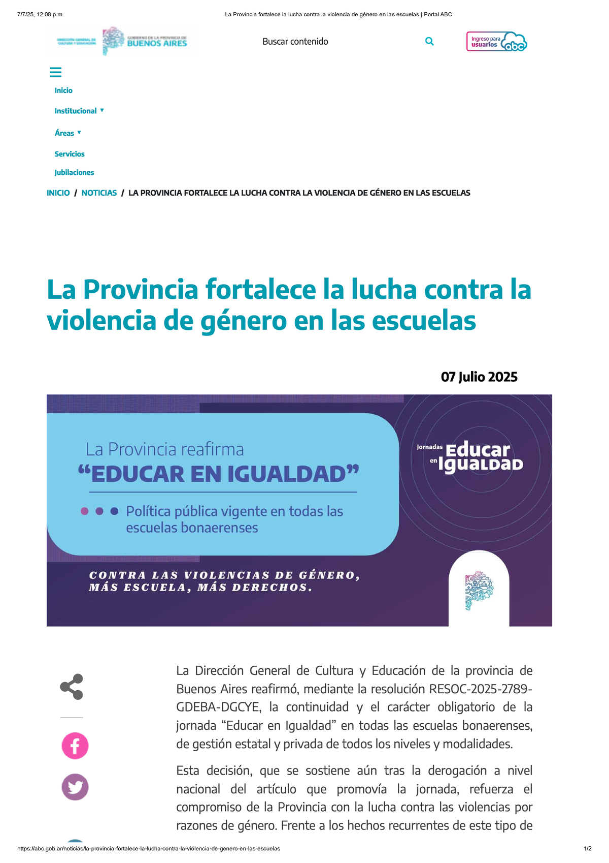 La Provincia y la Lucha Contra la Violencia de Género en Escuelas - Studocu