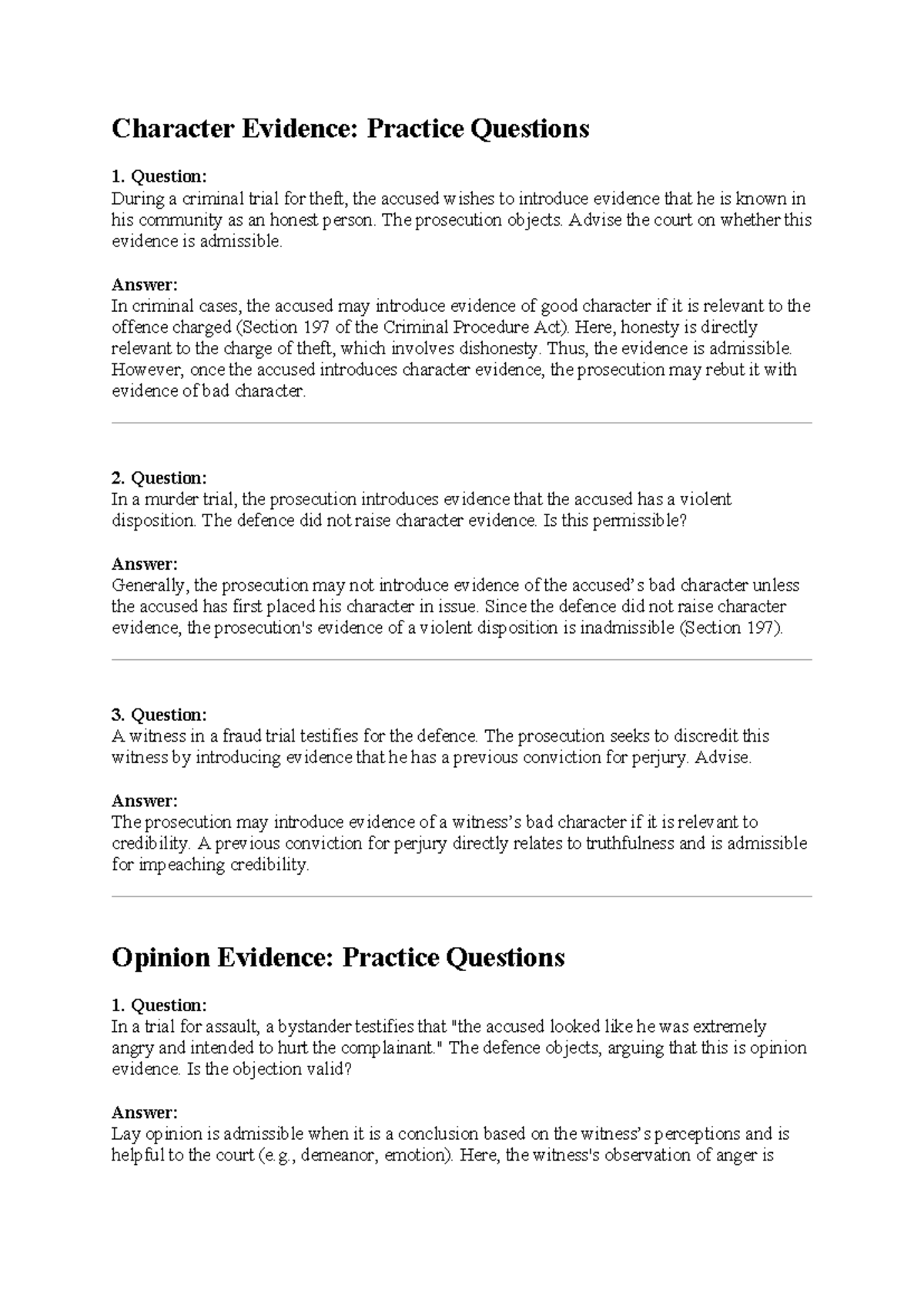 Character Evidence & Opinion Evidence: Practice Questions (LAW 101 ...