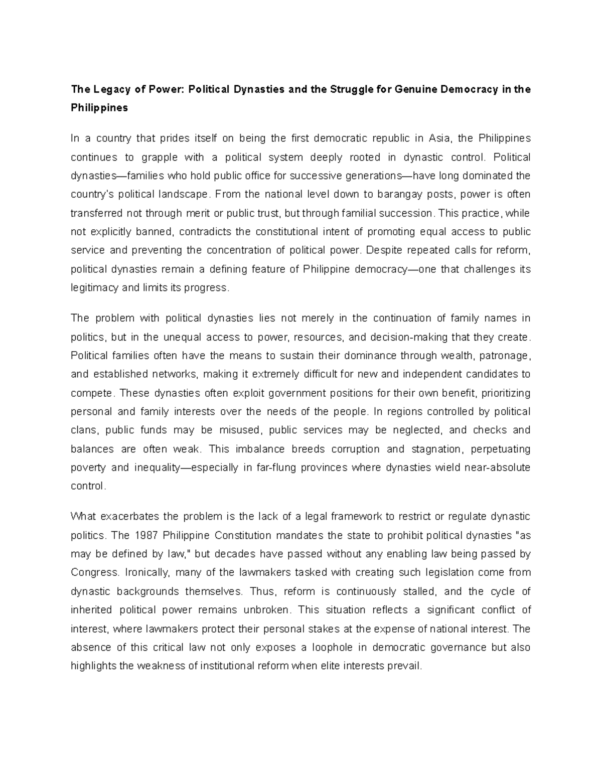 Political Dynasties and Democracy in the Philippines: A Critical ...