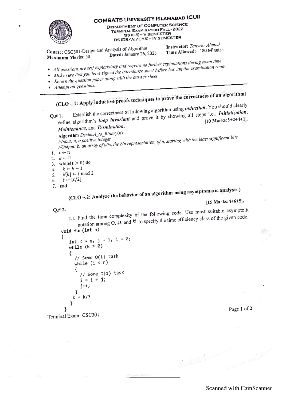 DAA Final Exam - CSC301 Analysis of Algorithms - January 2023 - Studocu
