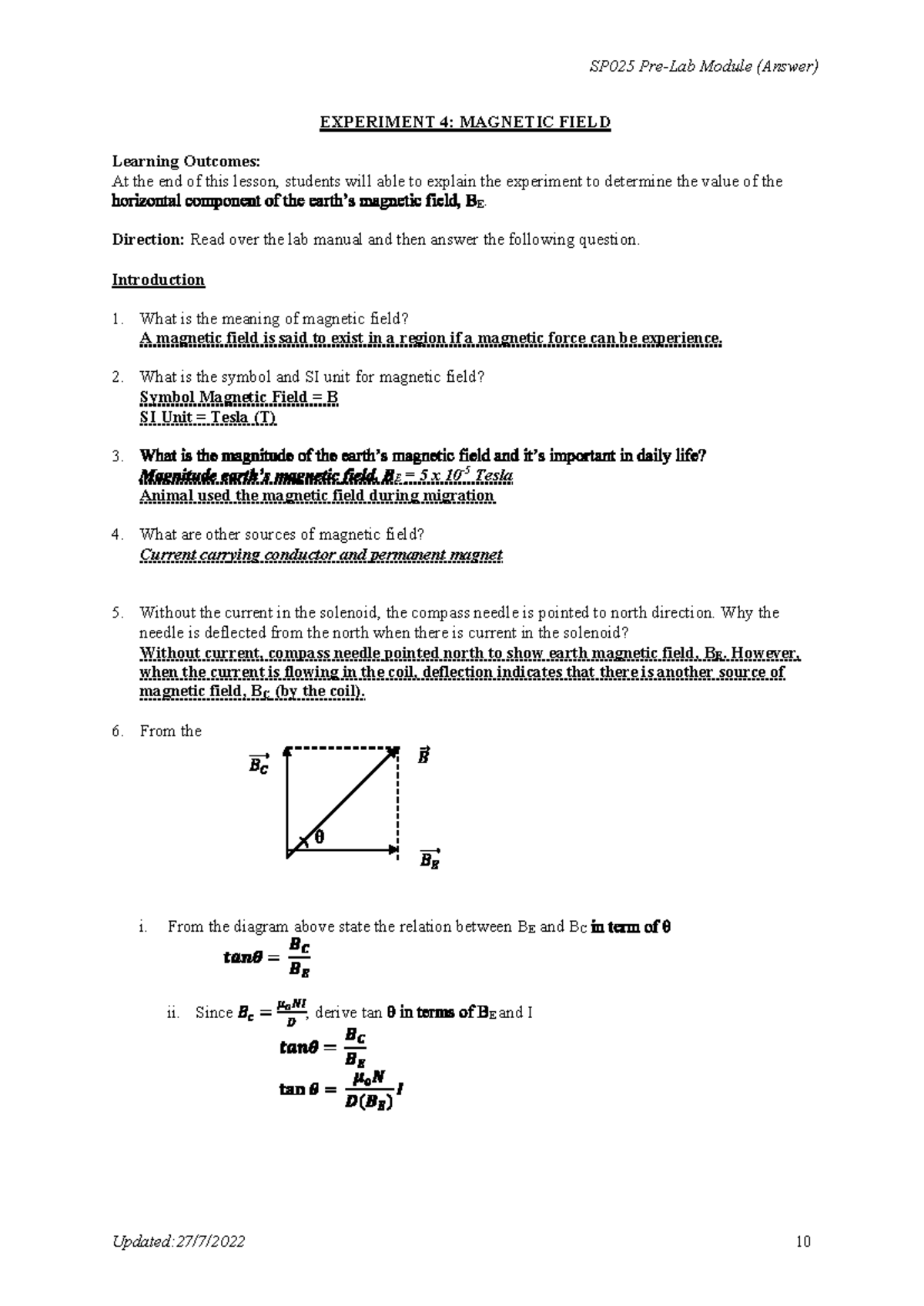 SP025 Module: Experiment 4 - Magnetic Field Analysis and Answers - Studocu