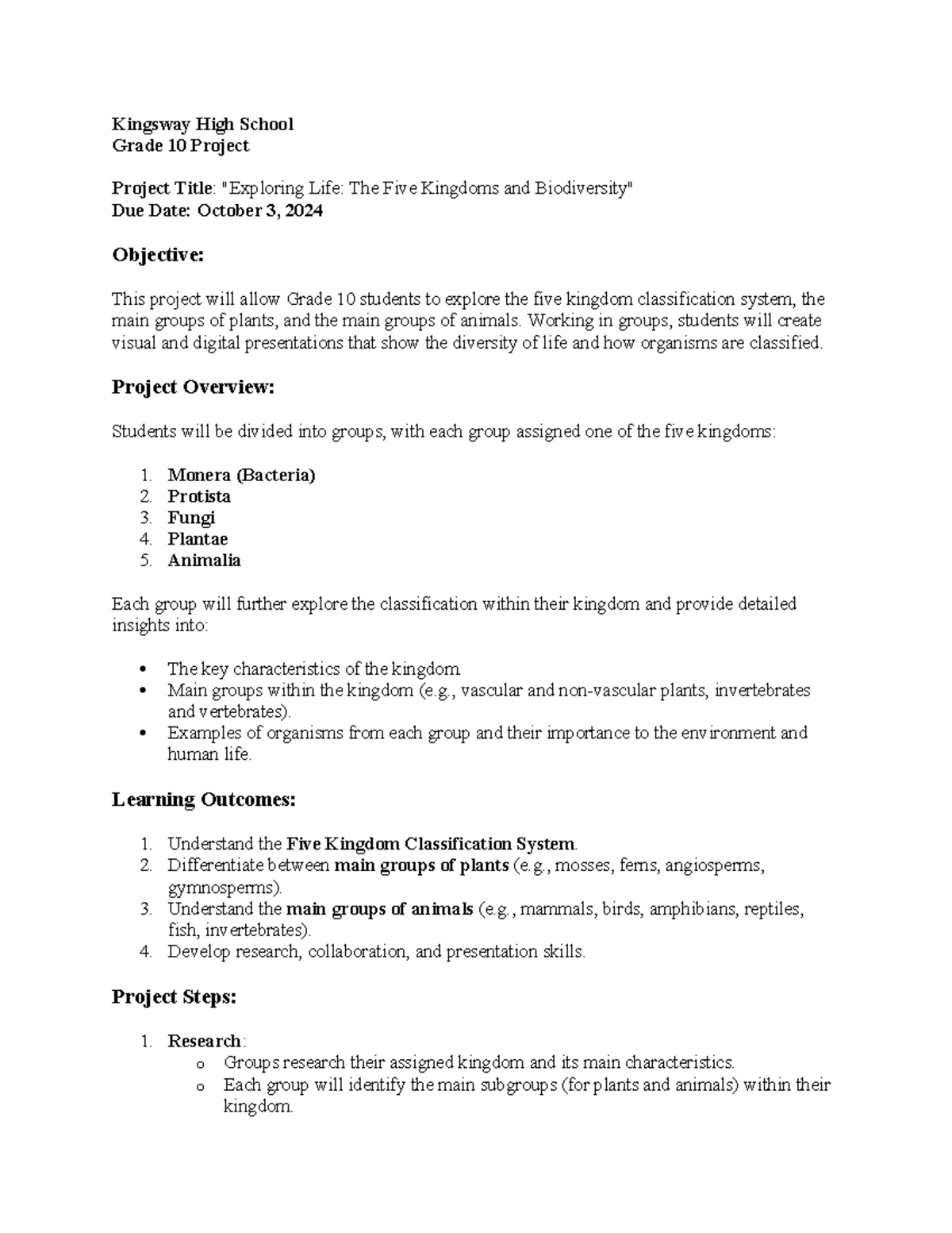 Grade 10 project - Classification system asignment - Kingsway High ...