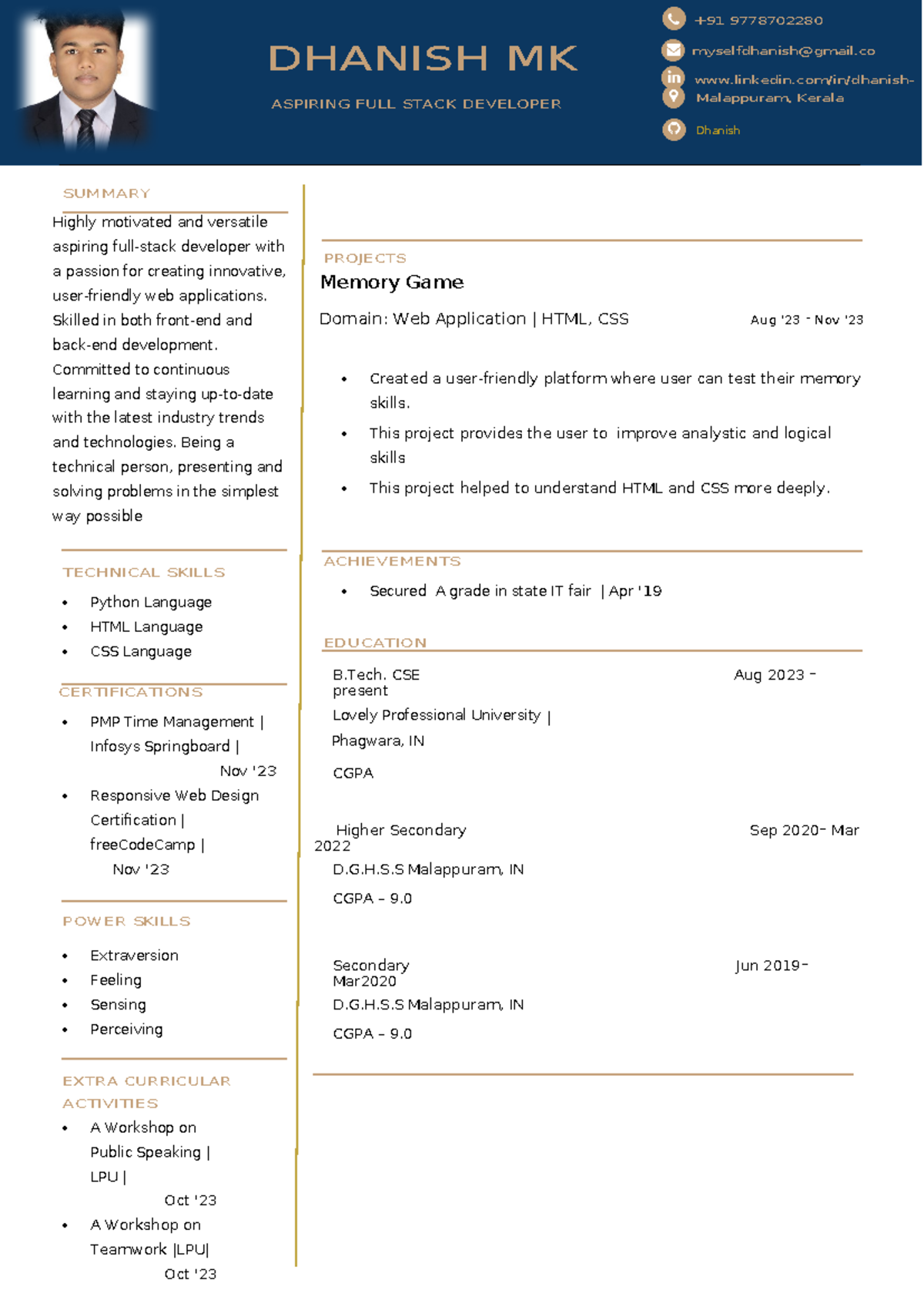 Dhanish MK - Aspiring Full Stack Developer CV - Studocu