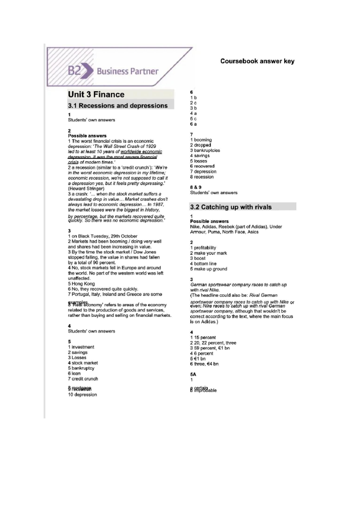 Business Partner B2 coursebook answer key: Unit 3 finance and Unit 4 ...