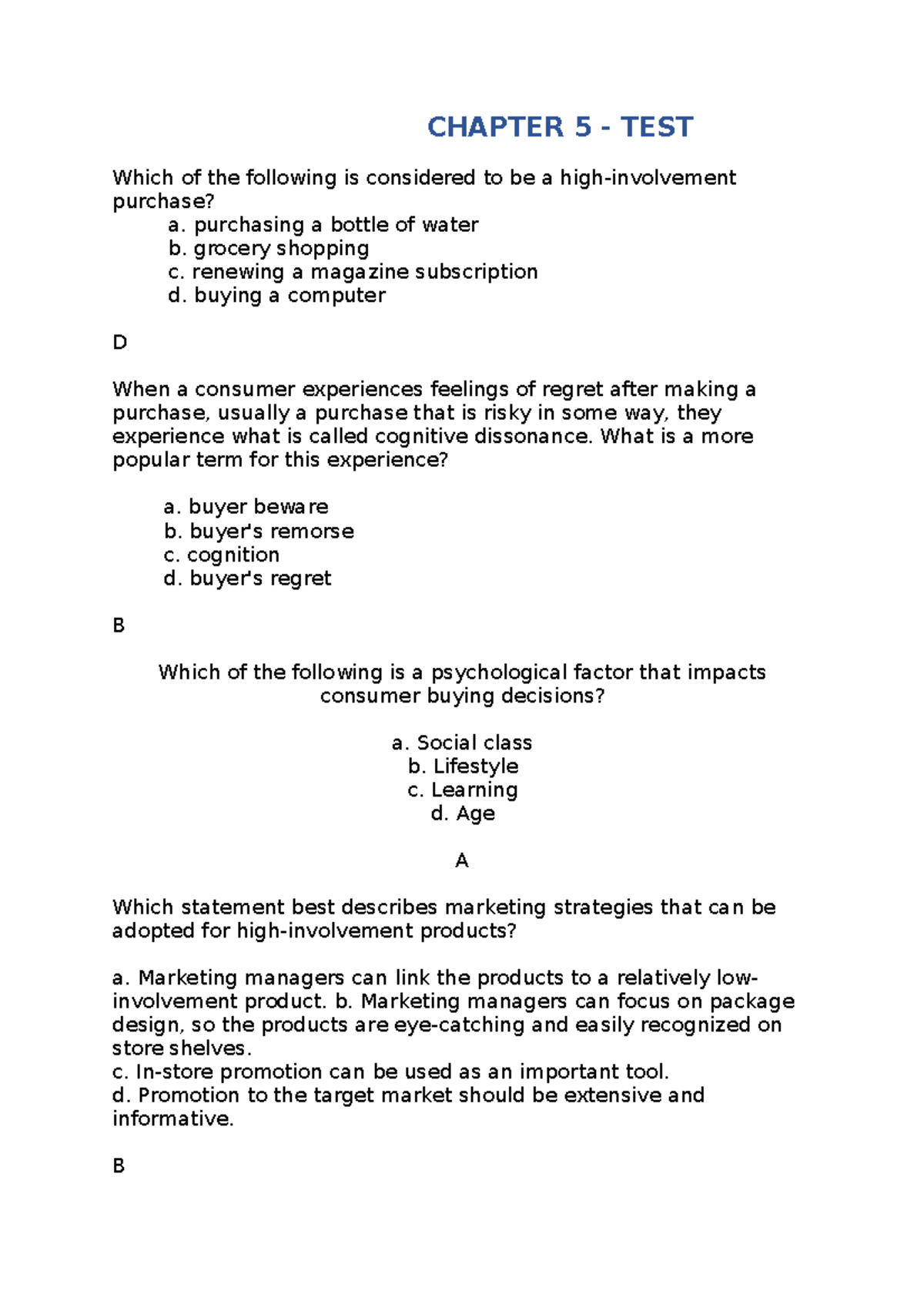 Chapter 5 Marketing Test: Consumer Behavior & Decision-Making Insights ...