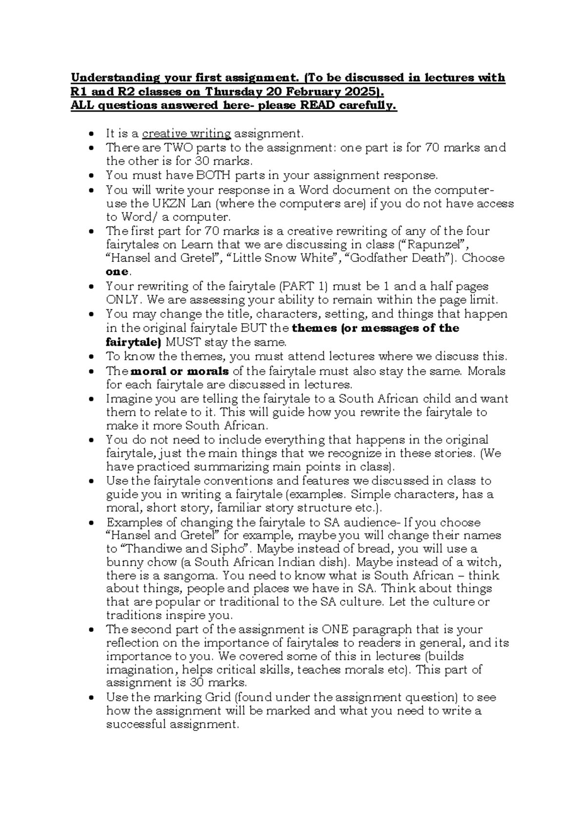 Creative Writing Assignment Guide: R1 & R2 Classes (Feb 20, 2025) - Studocu