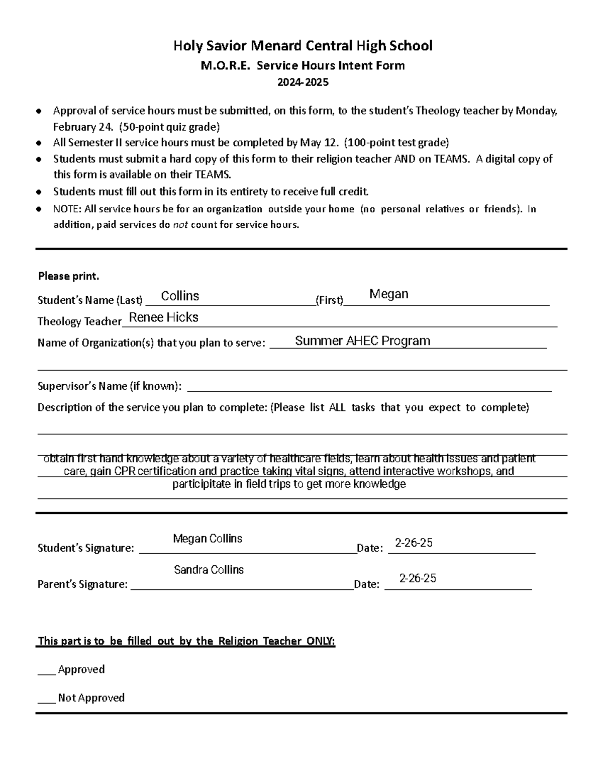 M.O.R. Service Hours Intent Form for Spring 2025 at HSMCHS - Studocu