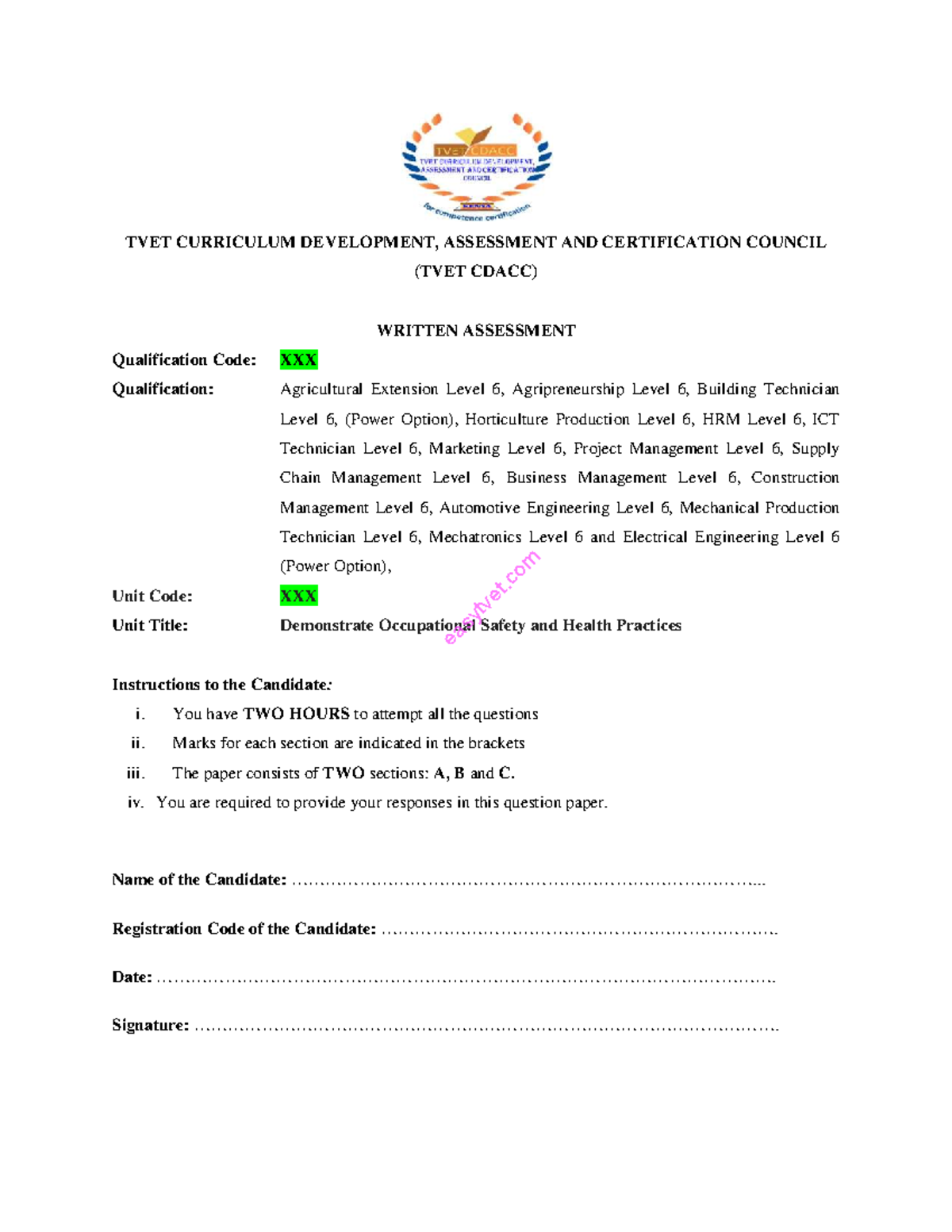 TVET Level 6 Written Assessment: Occupational Safety & Health Practices ...