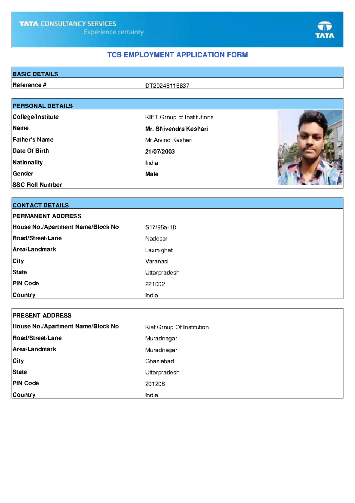 DT20246116837 Application - TCS EMPLOYMENT APPLICATION FORM BASIC ...