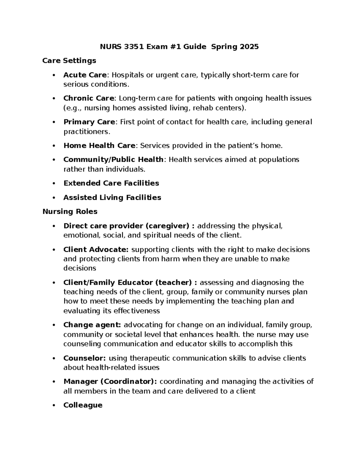Exam #1 Study Guide - outline - NURS 3351 Exam #1 Guide Spring 2025 ...